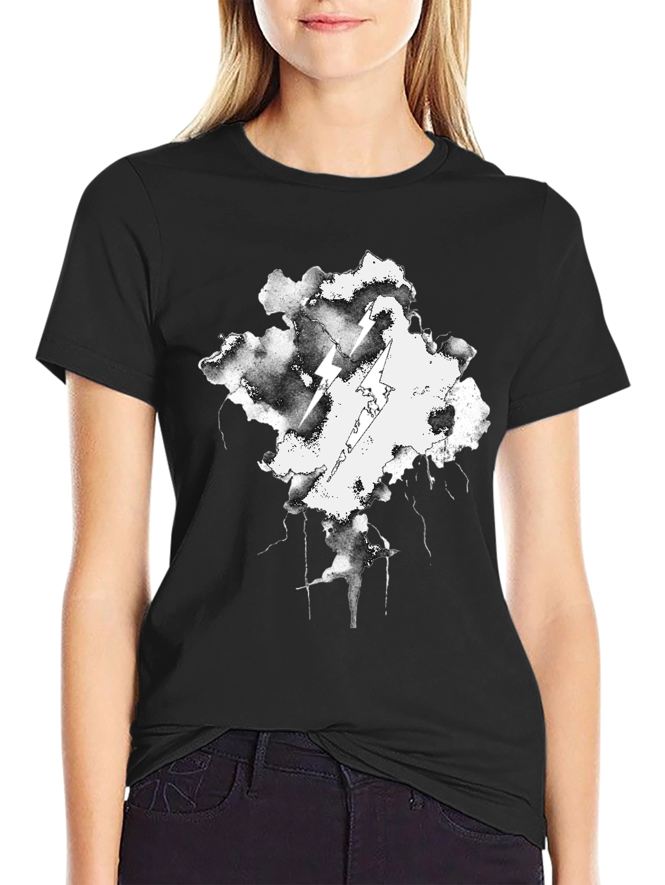 Black Storm Cloud Lightning T-Shirt - Black Cotton Graphic Tee view 2