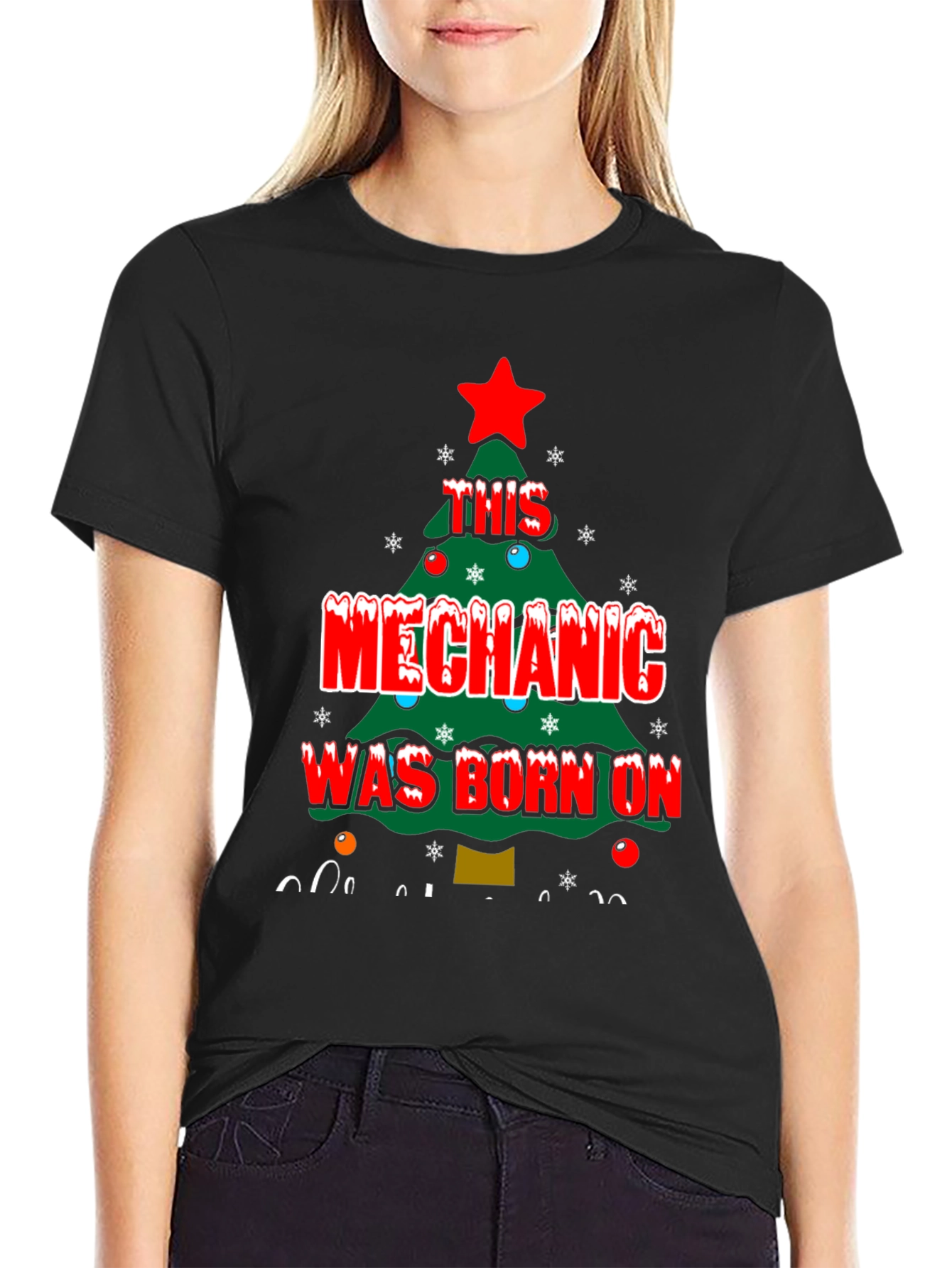 Black Mechanic Christmas Tree T-Shirt view 2
