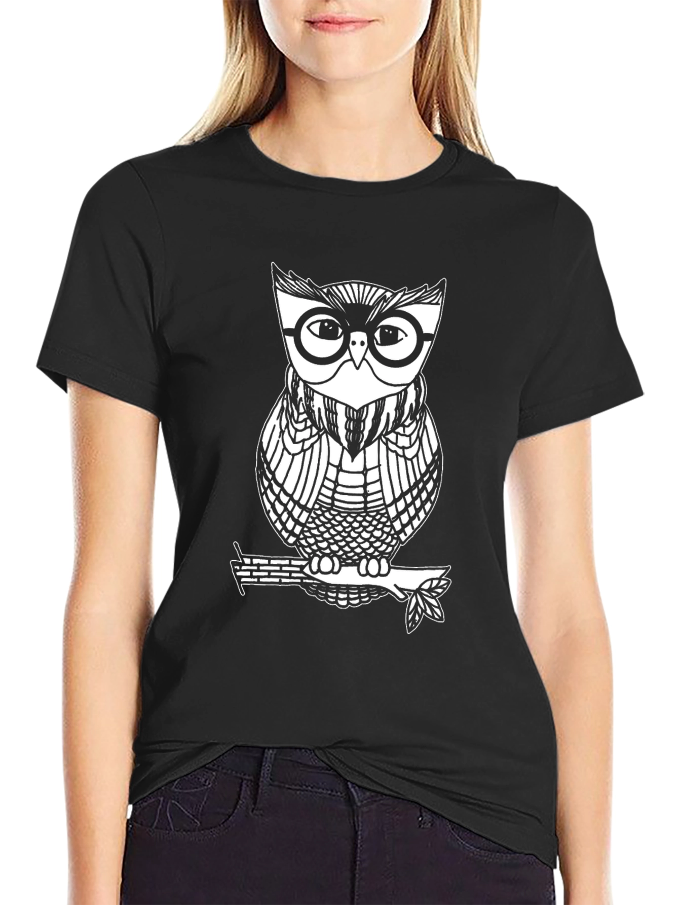 Black Cool Owl Graphic Tee - Black Cotton Blend view 2
