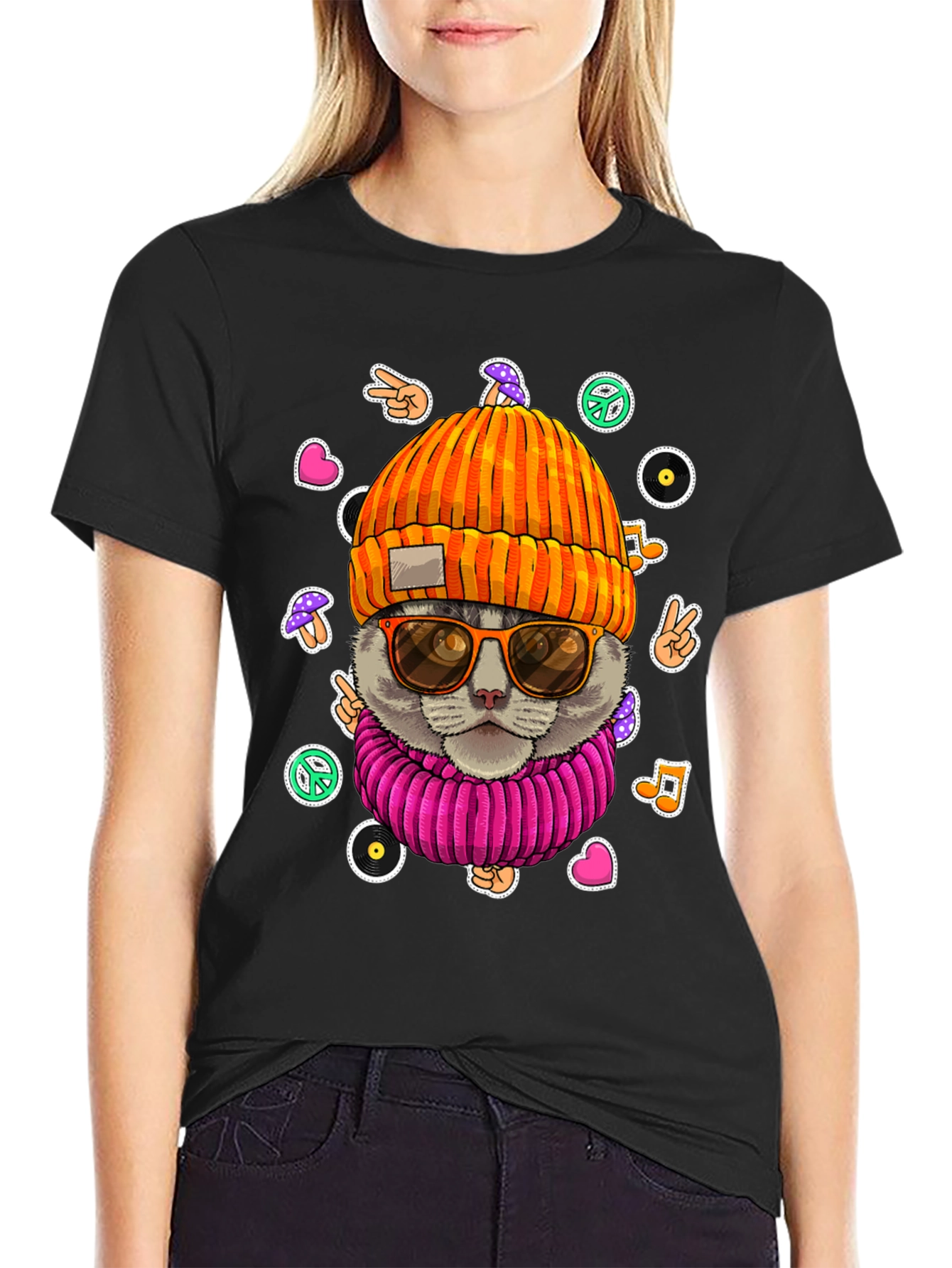 Black Cool Cat Graphic Tee - Hippie Style view 2