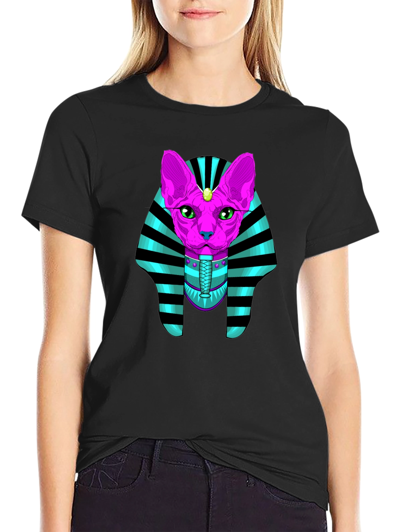Black Egyptian Cat Pharaoh Graphic T-Shirt view 2