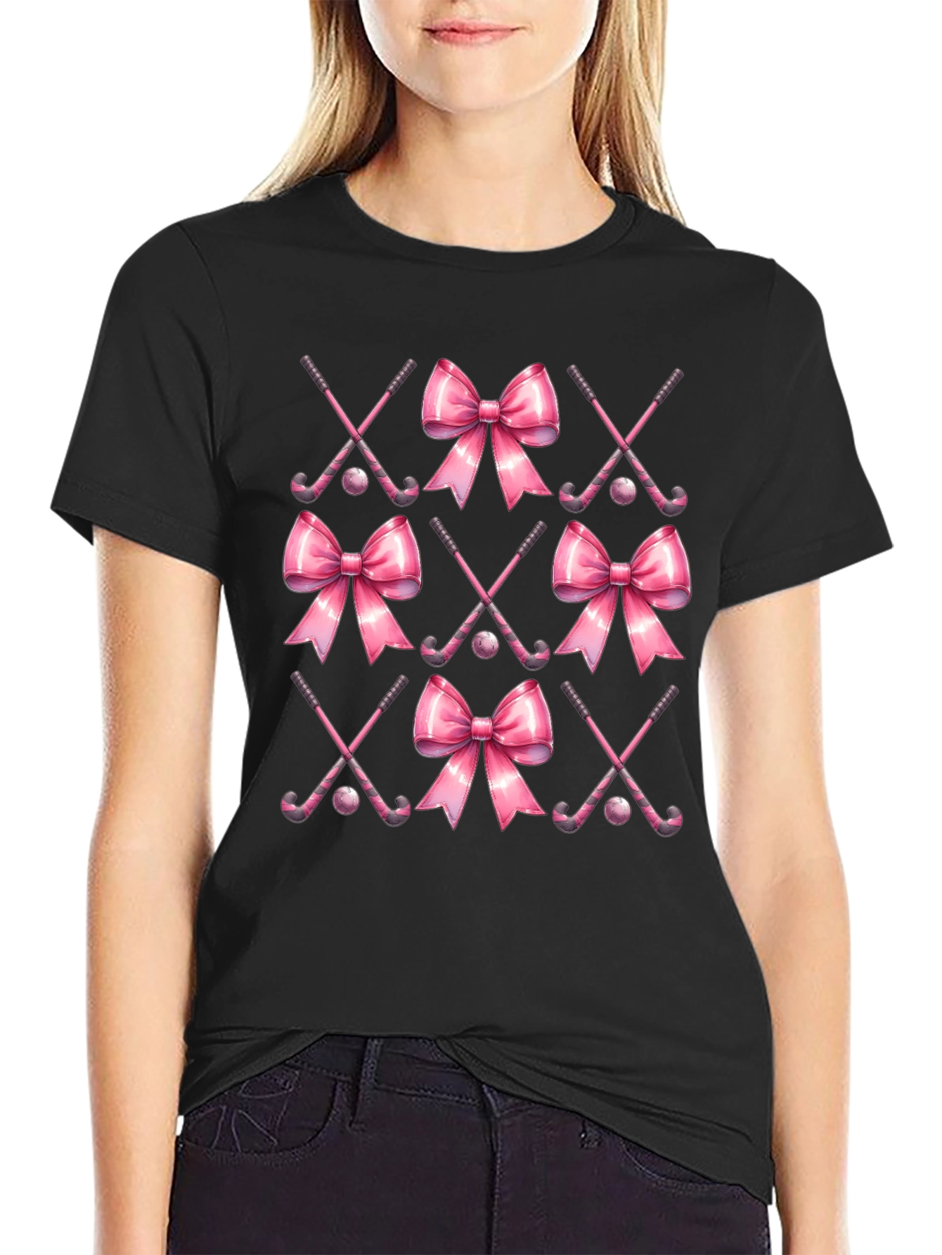 Black Pink Hockey Bow T-Shirt view 2