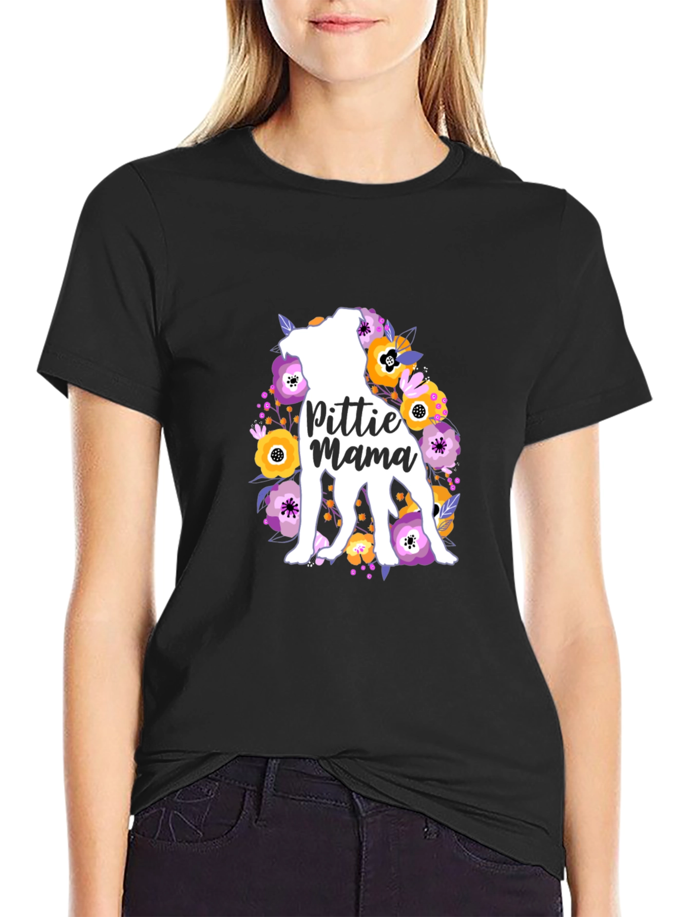 Black Pittie Mama Floral Dog T-Shirt view 2