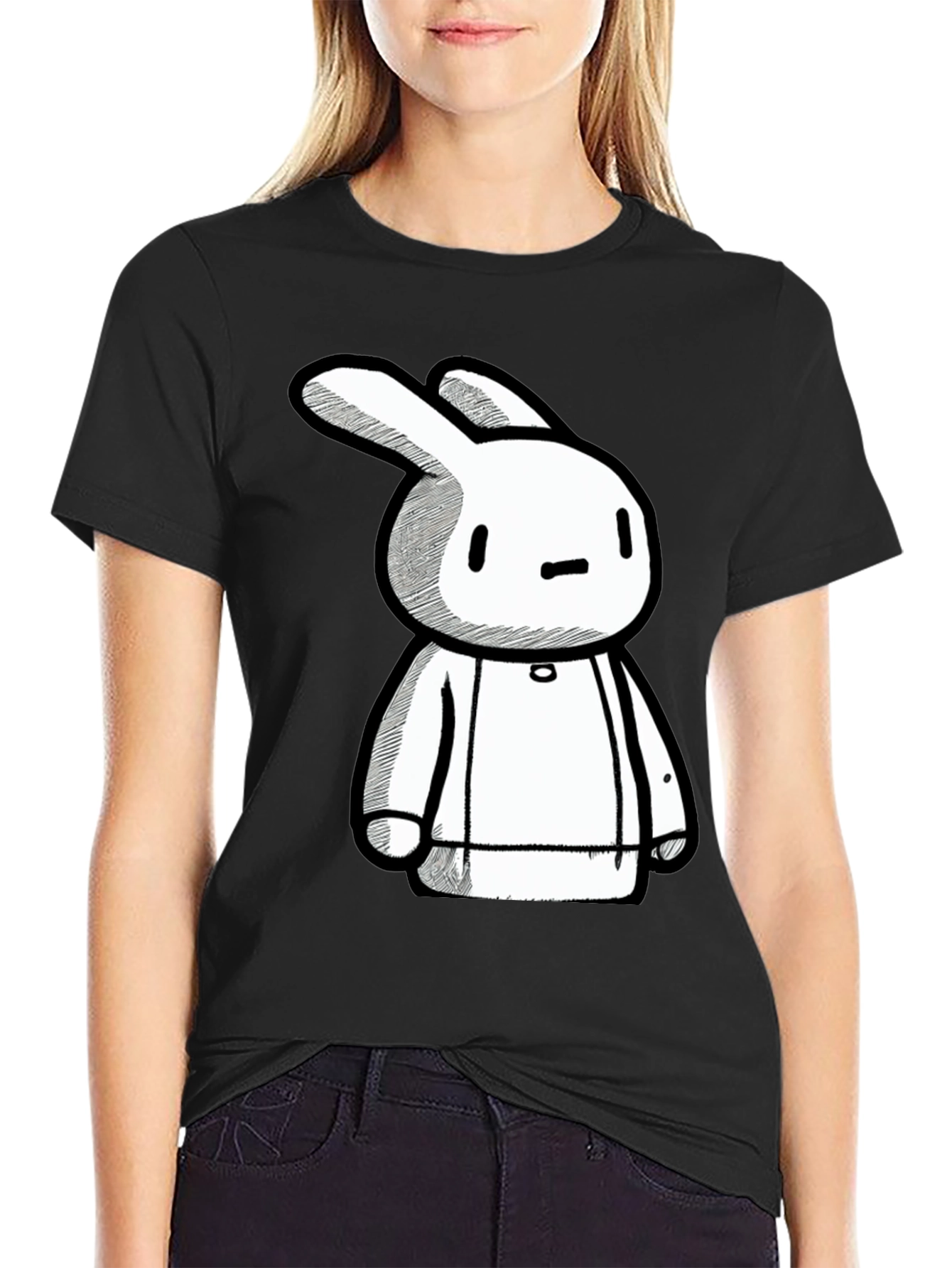 Black Cartoon Bunny Graphic Print Black Tee view 2
