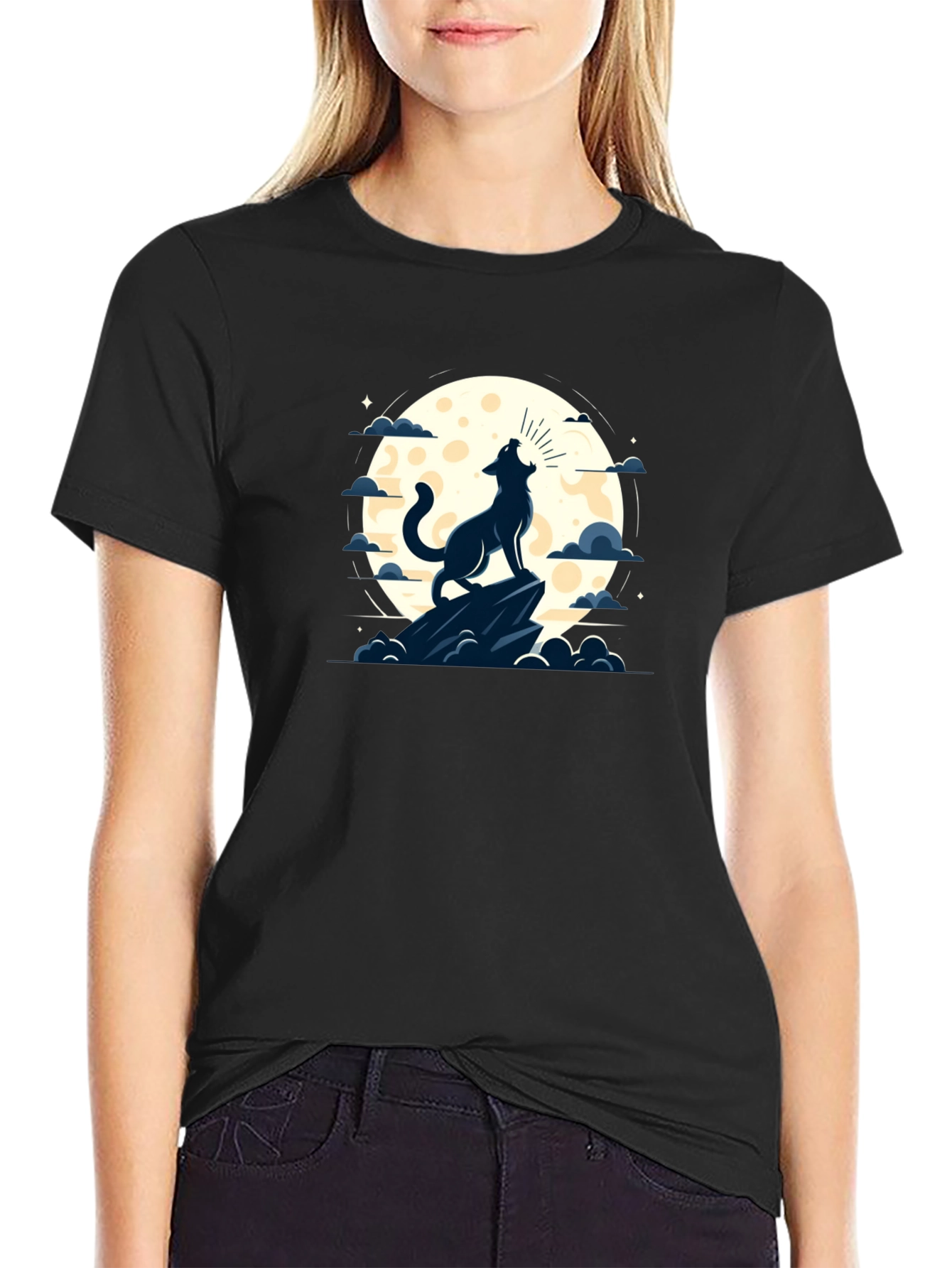 Black Wolf Howling at Moon Graphic Tee - Black view 2