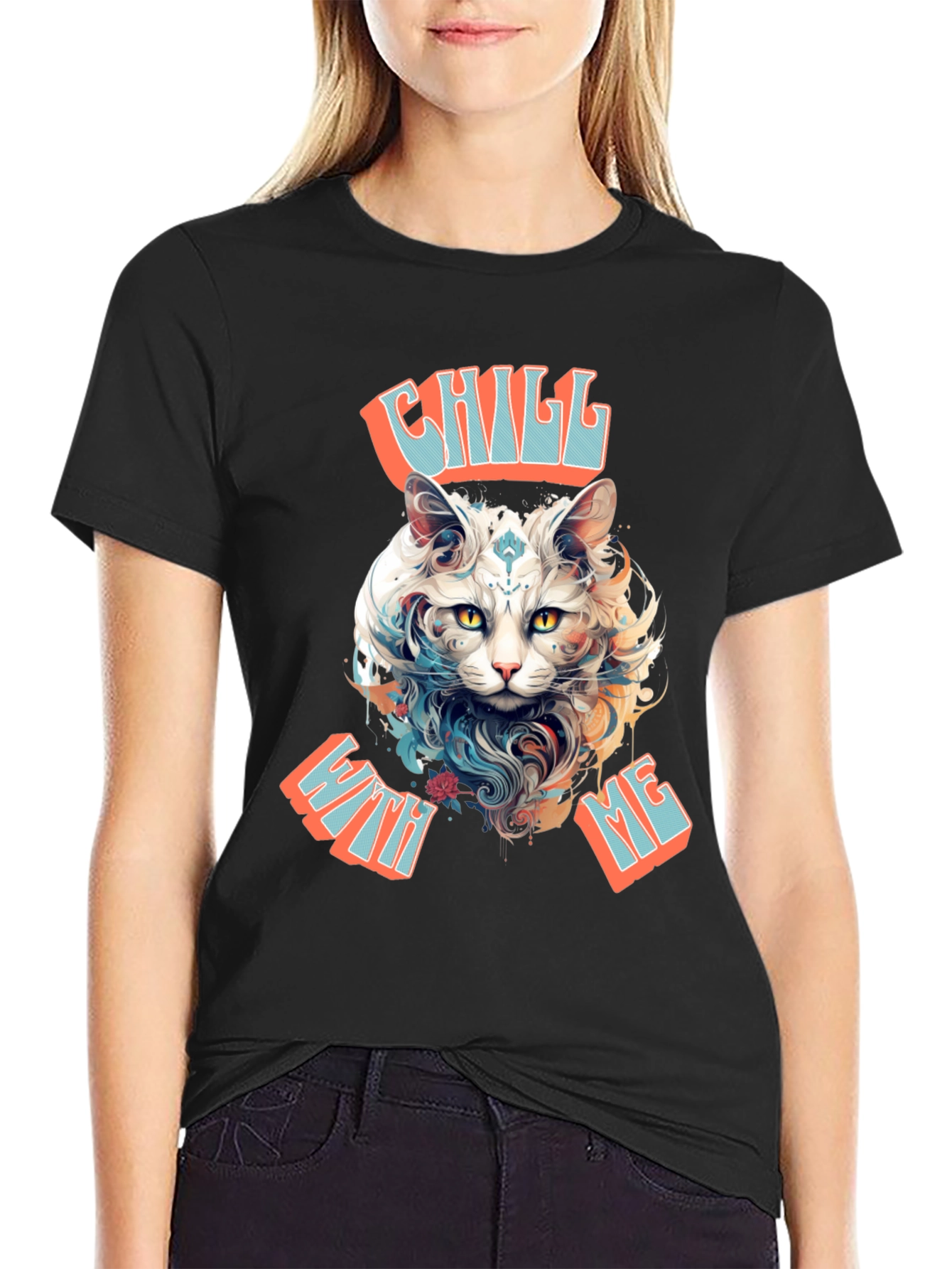 Black Chill With Me Cat Graphic Tee view 2