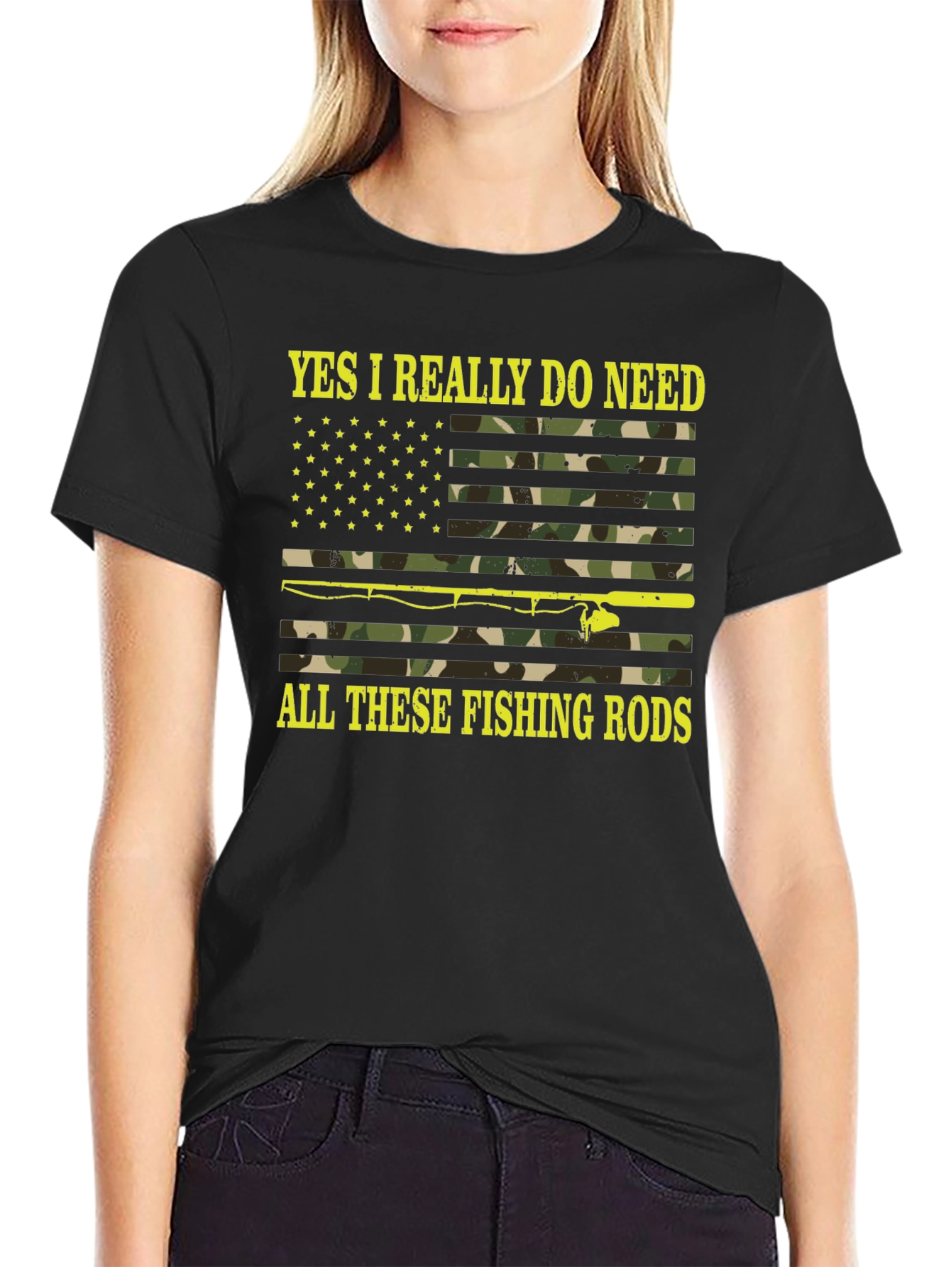 Black Funny Fishing Rods Camo Flag Graphic Tee view 2