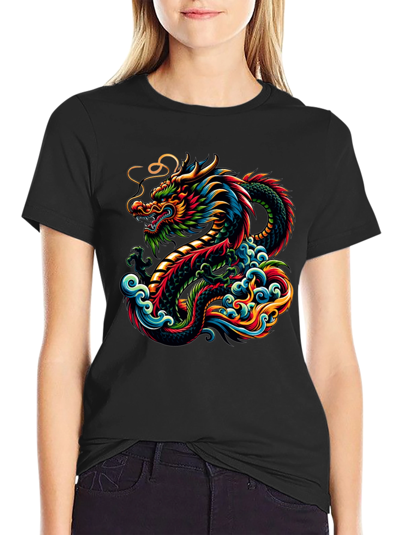 Black Vibrant Dragon Graphic Tee - Black Cotton T-Shirt view 2