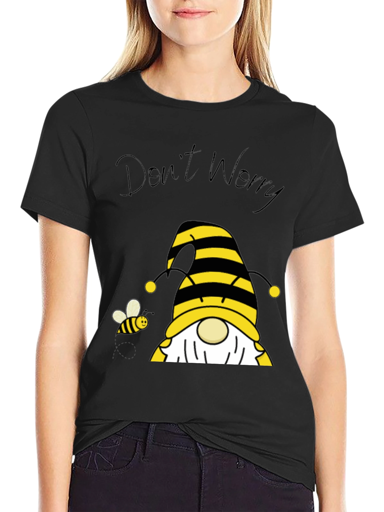 Black Don't Worry Bee Happy Gnome T-Shirt view 2