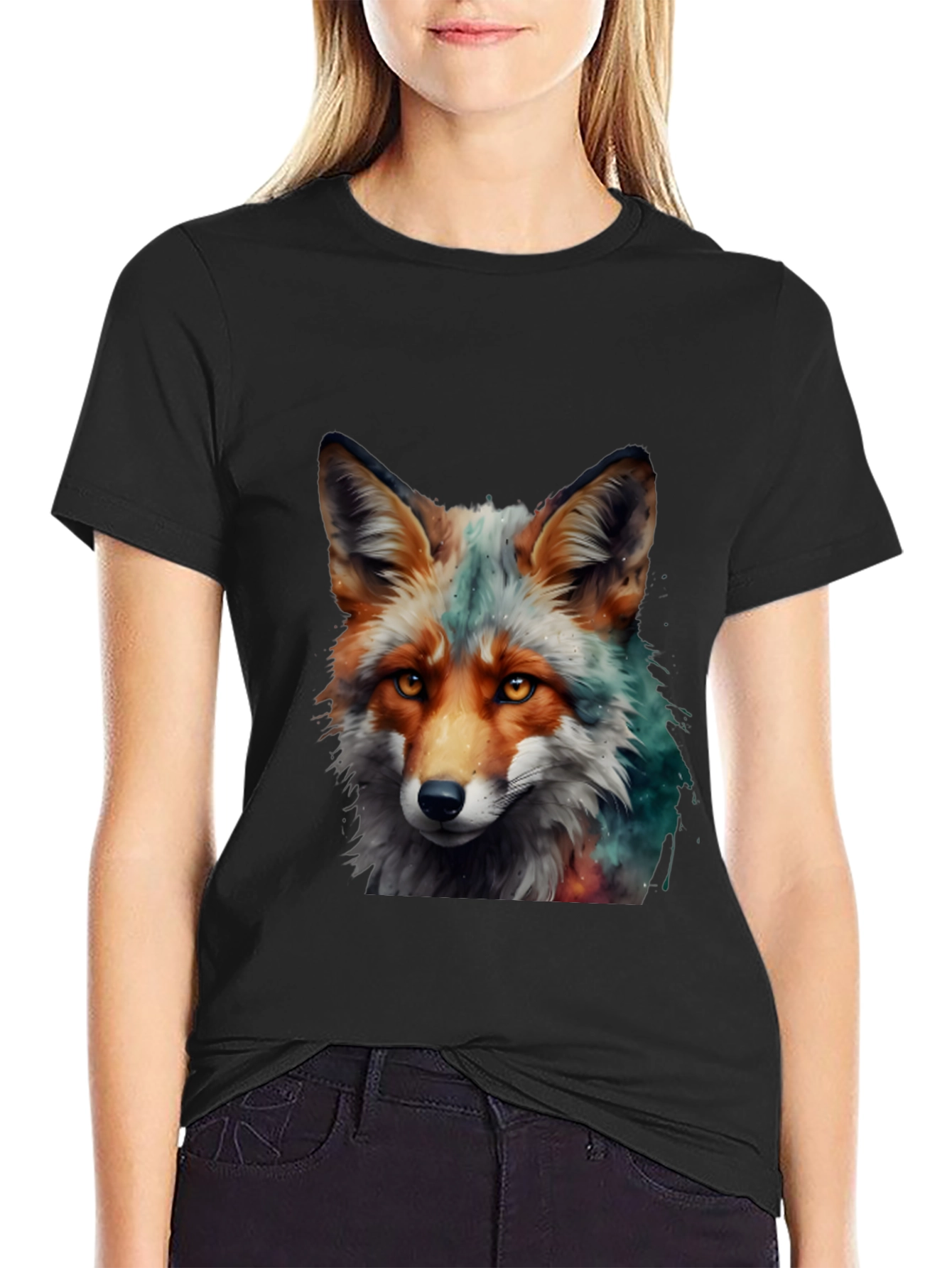 Black Fox Art Print Tee - Stylish Animal Graphic T-Shirt view 2