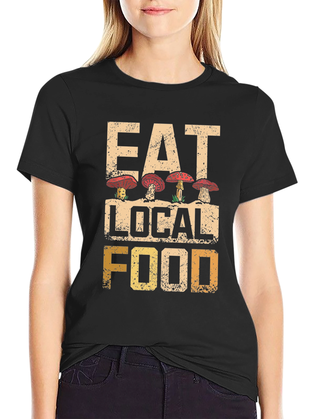 Black Eat Local Food Mushroom T-Shirt view 2