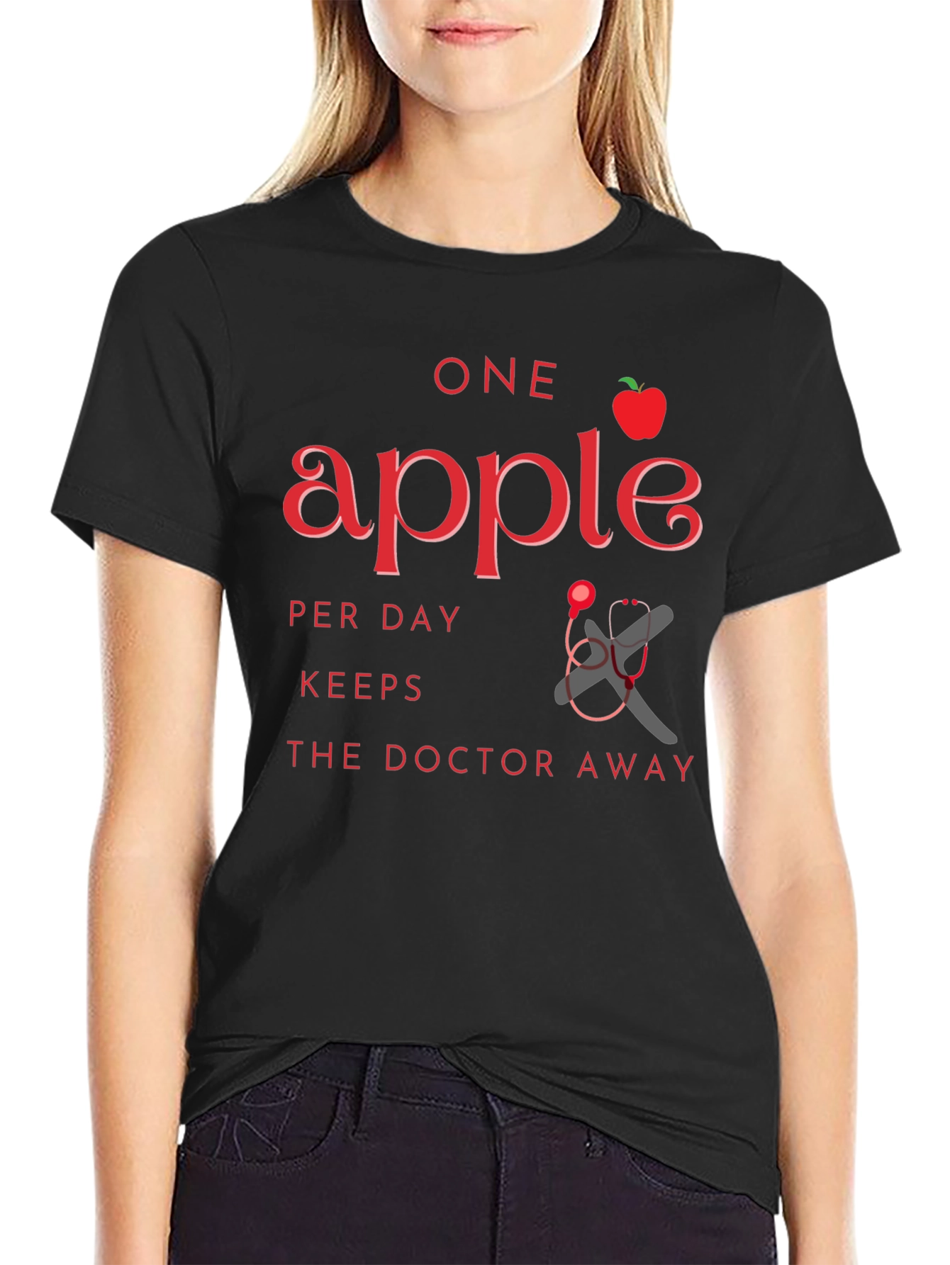 Black One Apple a Day Keeps the Doctor Away Black T-Shirt view 2