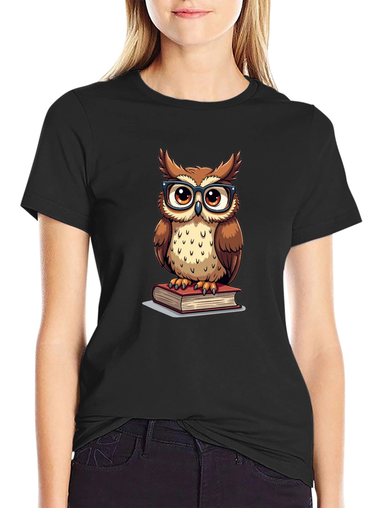 Black Owl Reading Book Graphic T-Shirt view 2