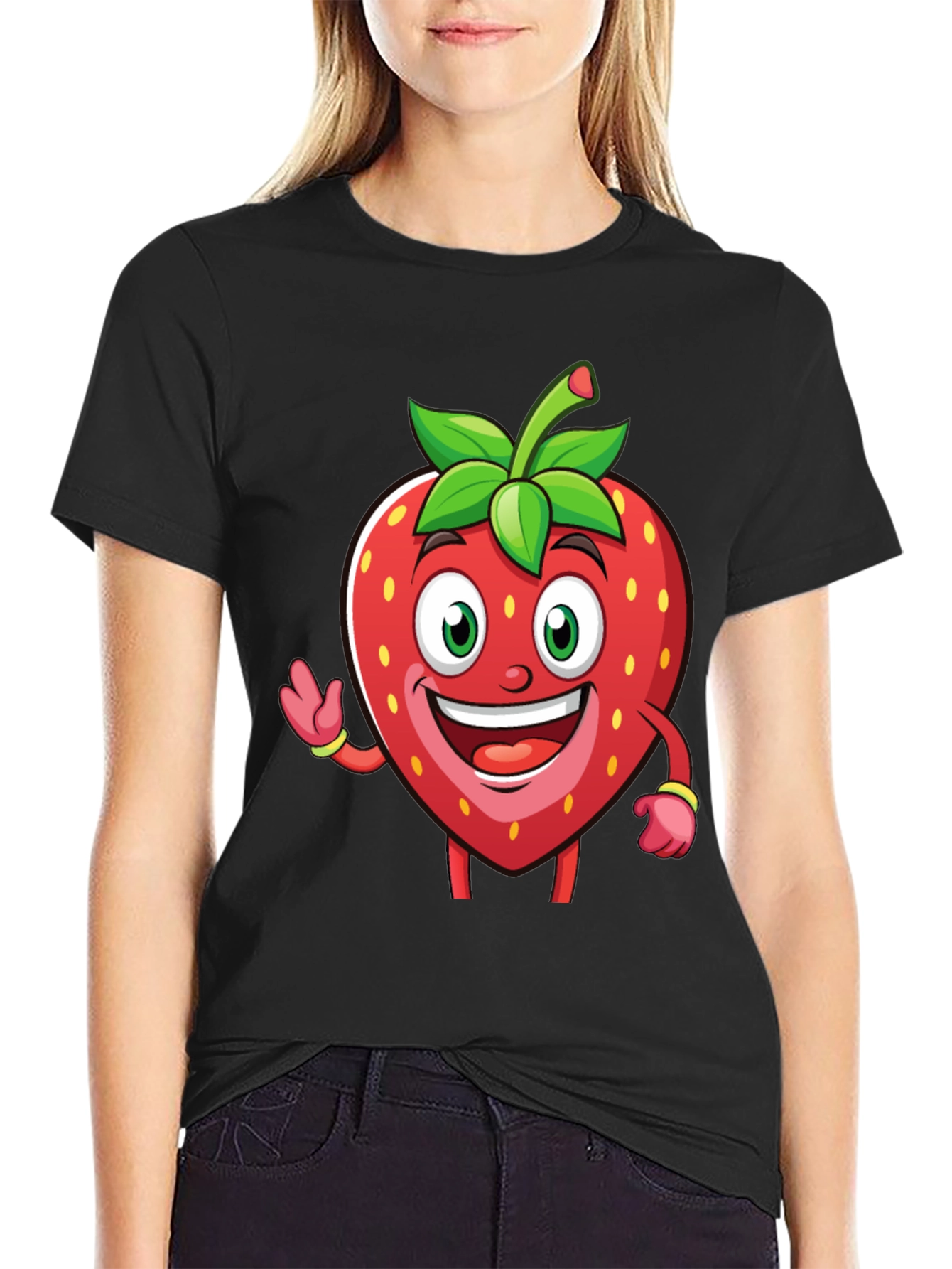 Black Funny Strawberry Cartoon T-Shirt - Black view 2