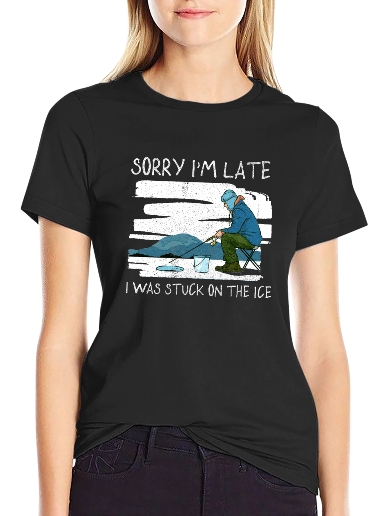 Black Sorry I'm Late Ice Fishing T-Shirt view 2