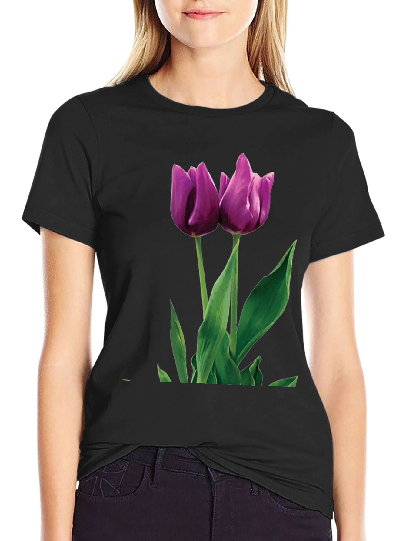 Black Tulip Graphic T-Shirt - Black Cotton Blend view 2