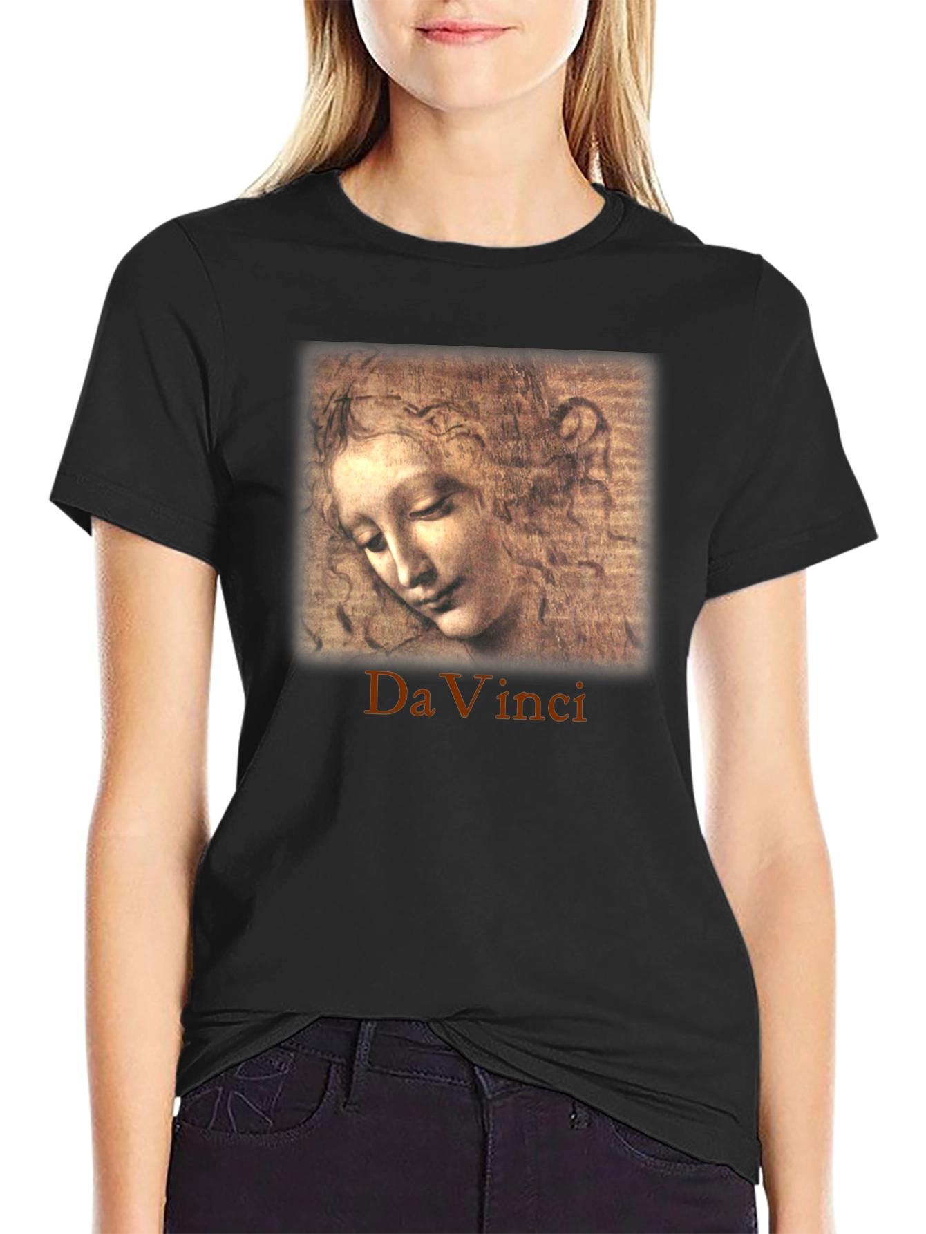 Black Da Vinci Sketch Portrait Graphic T-Shirt view 2