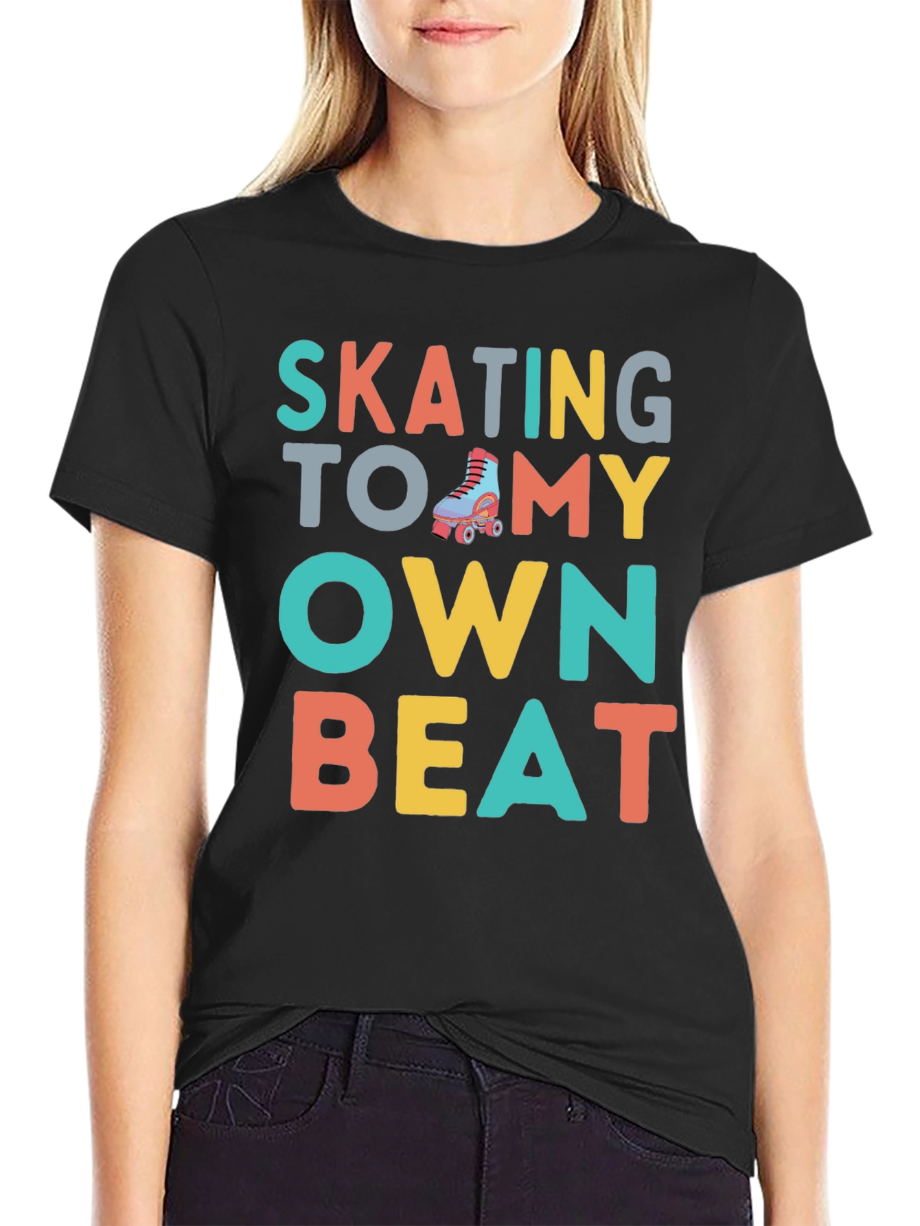 Black Skating To My Own Beat Roller Skate Graphic T-Shirt view 2