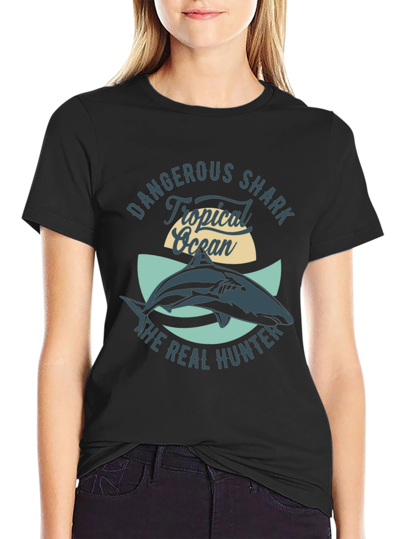 Black Dangerous Shark Tropical Ocean Graphic T-Shirt view 2