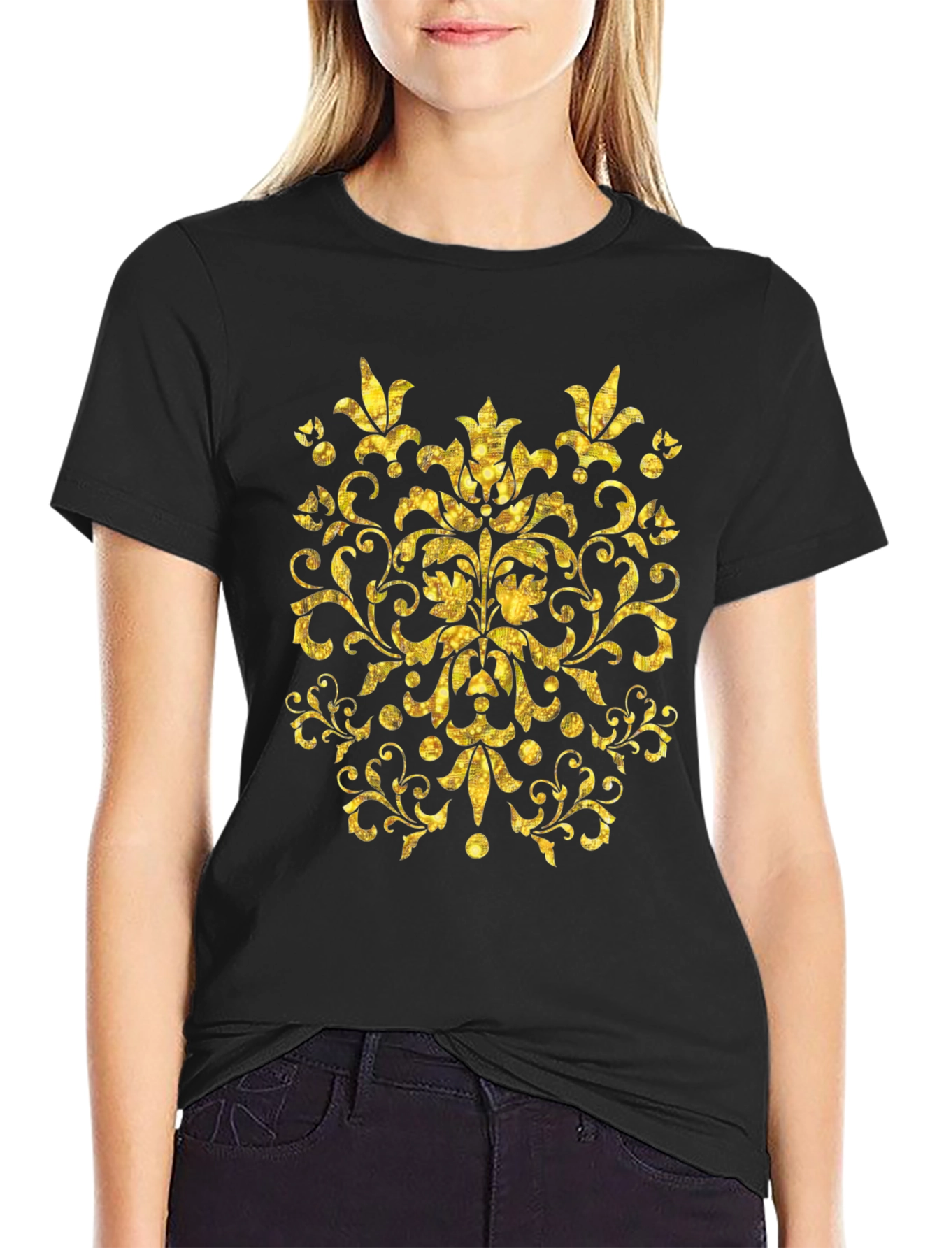 Black Golden Floral Print Black T-Shirt view 2