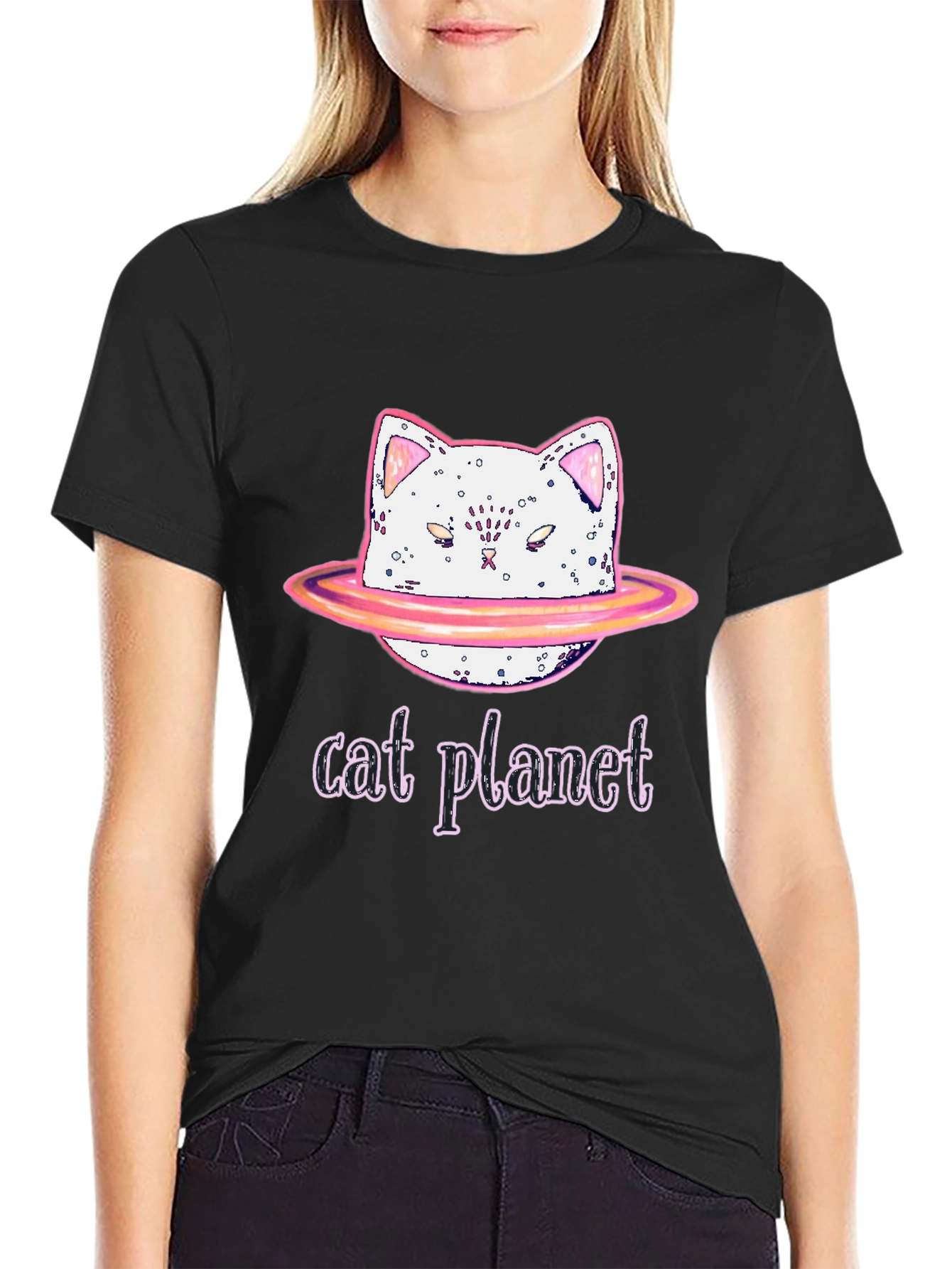 Black Cat Planet Graphic Tee - Unisex Black T-Shirt view 2