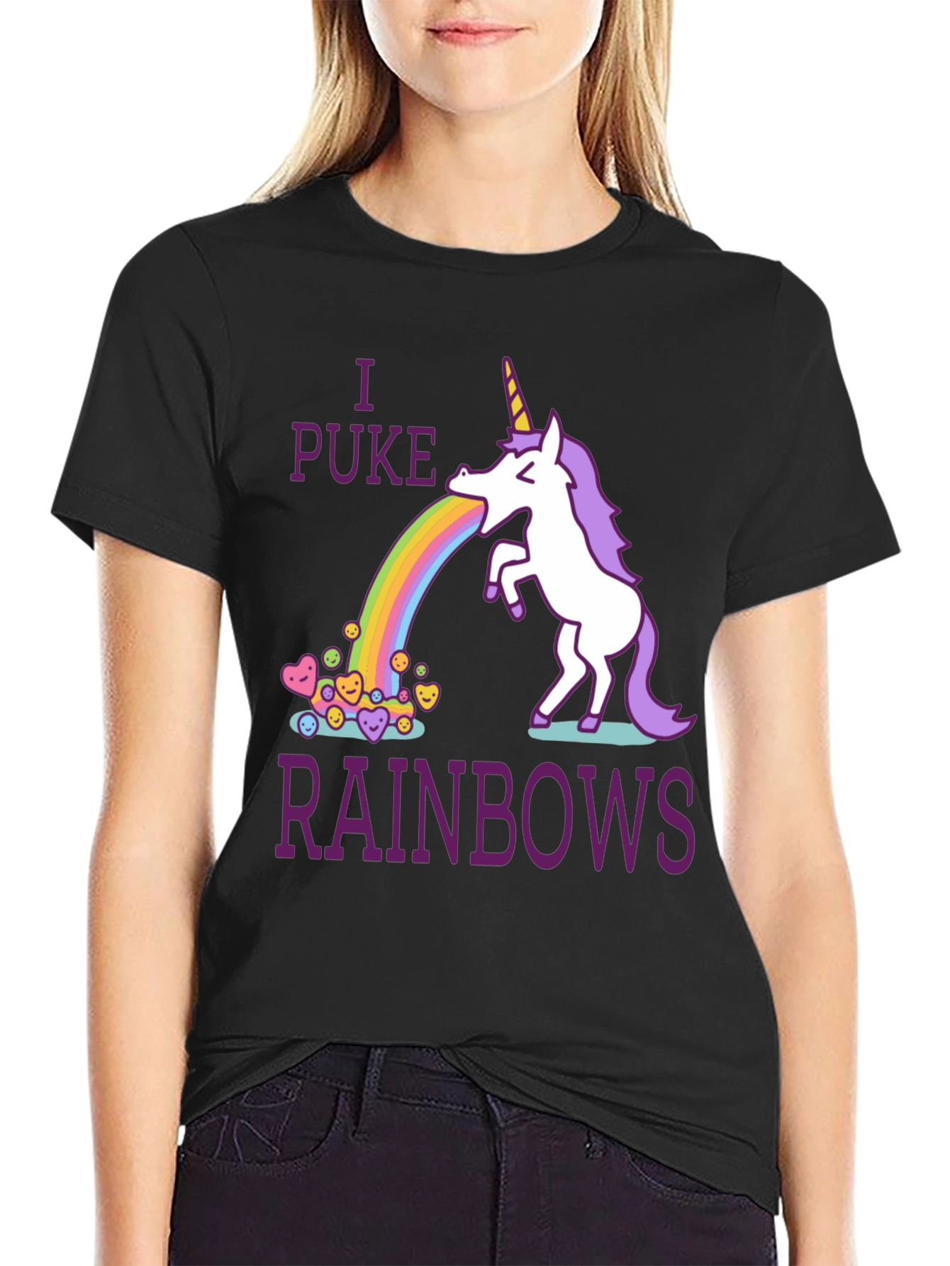 Black I Puke Rainbows Graphic Tee - Unicorn Humor T-Shirt view 2