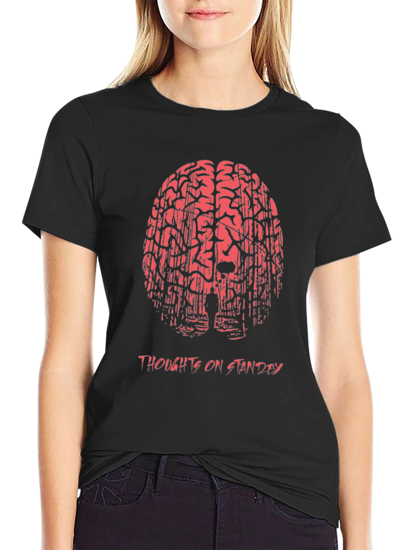 Black Thoughts on Standby Graphic Print T-Shirt view 2