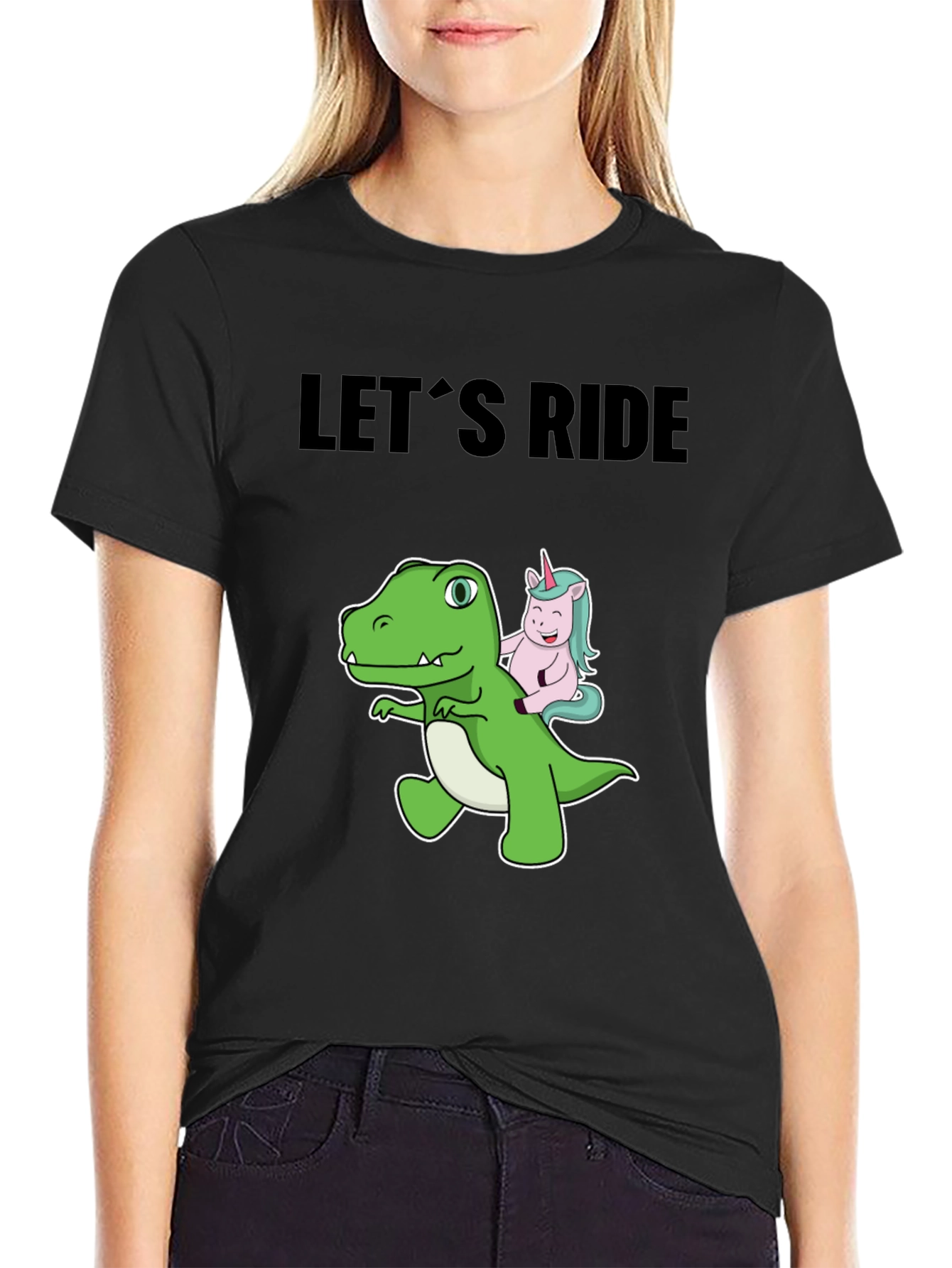 Black Dino and Unicorn Let's Ride Graphic Tee view 2