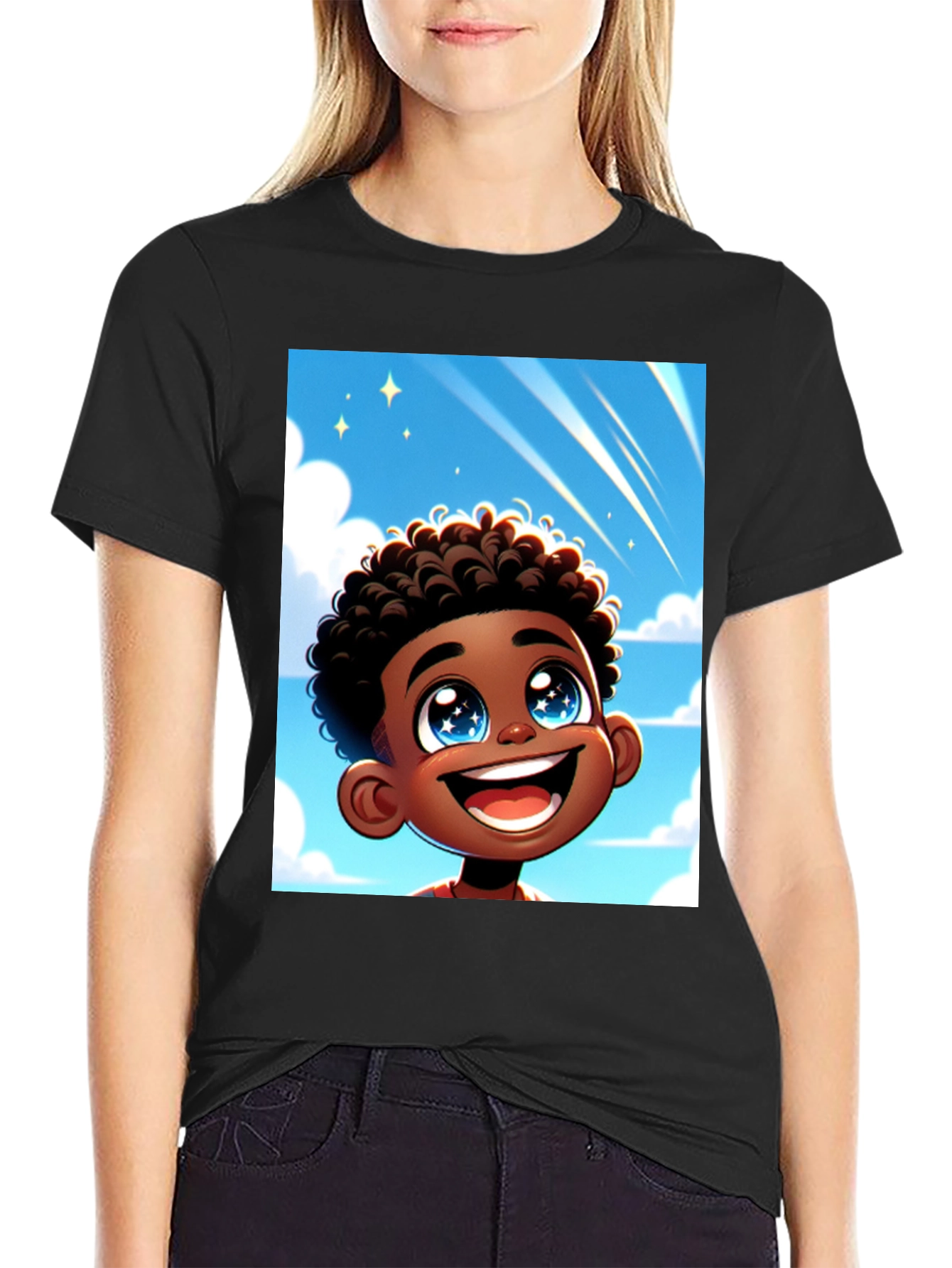 Black Cartoon Boy T-Shirt - Black Cotton Blend view 2
