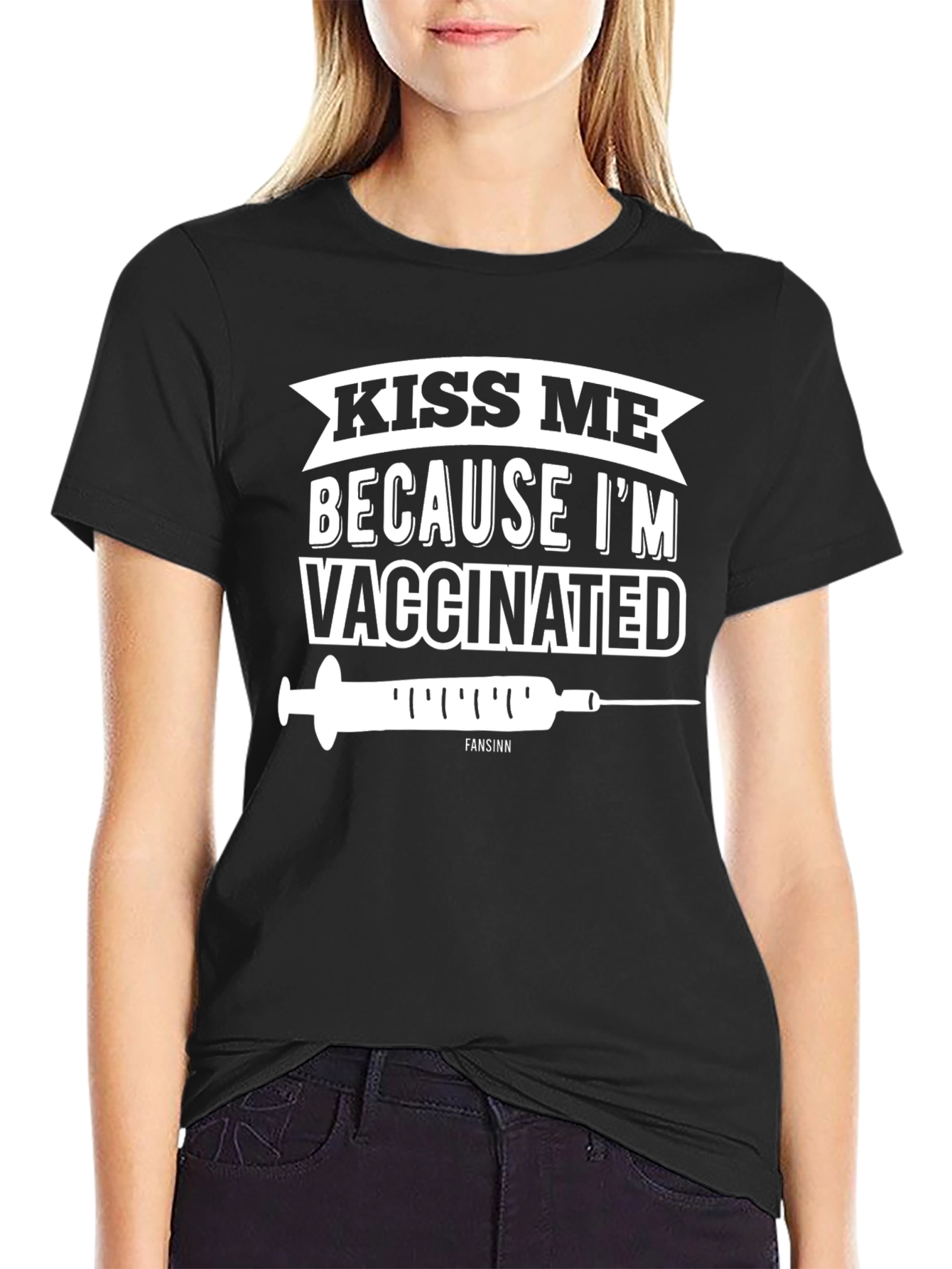 Black Kiss Me I'm Vaccinated Tee - Funny Black Graphic T-Shirt view 2