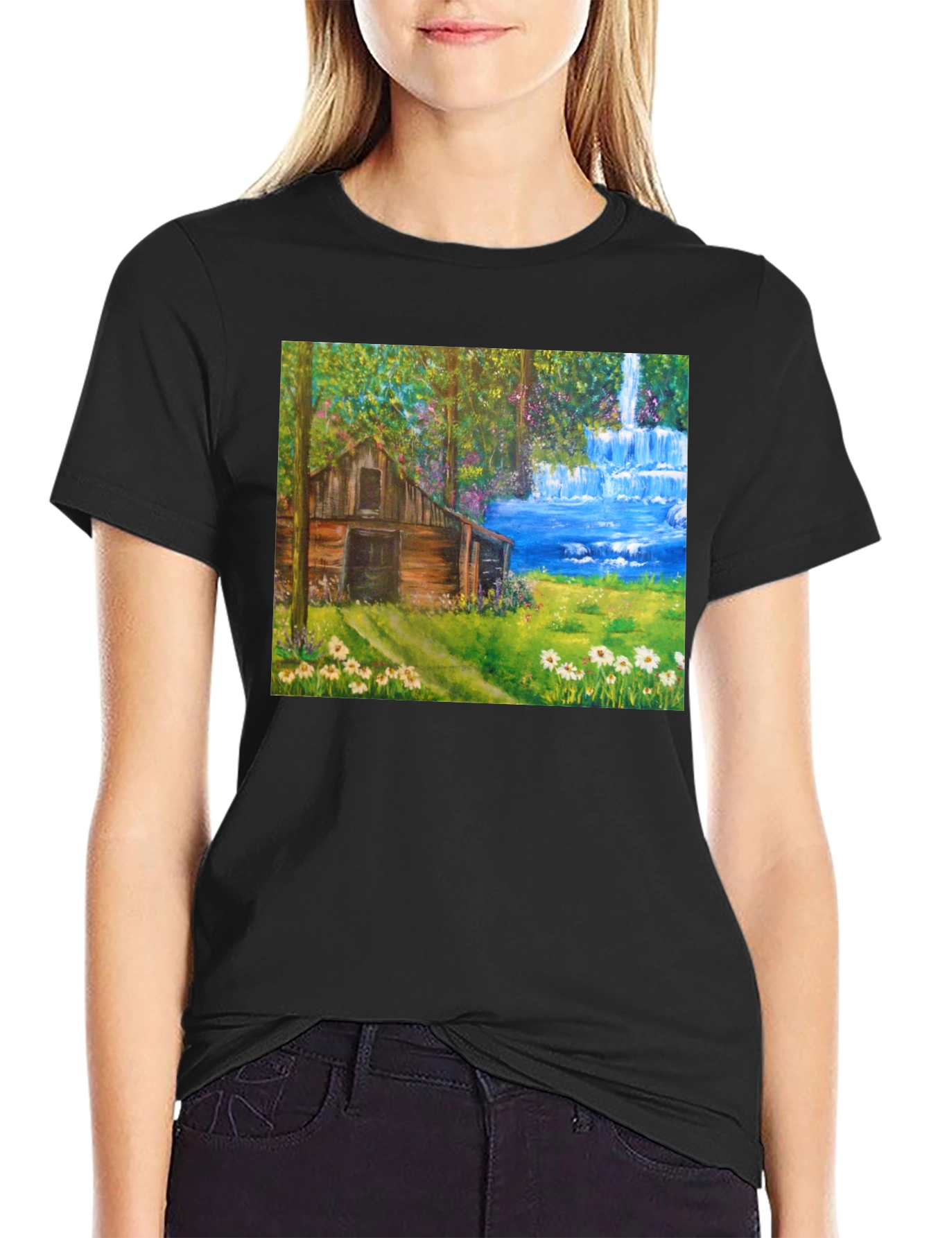 Black Cabin Waterfall Nature T-Shirt view 2