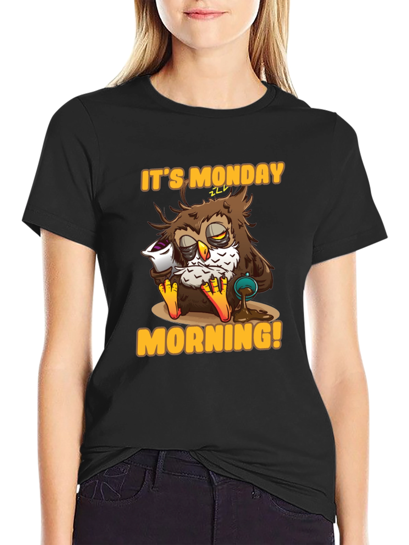 Black It's Monday Morning Owl T-Shirt view 2