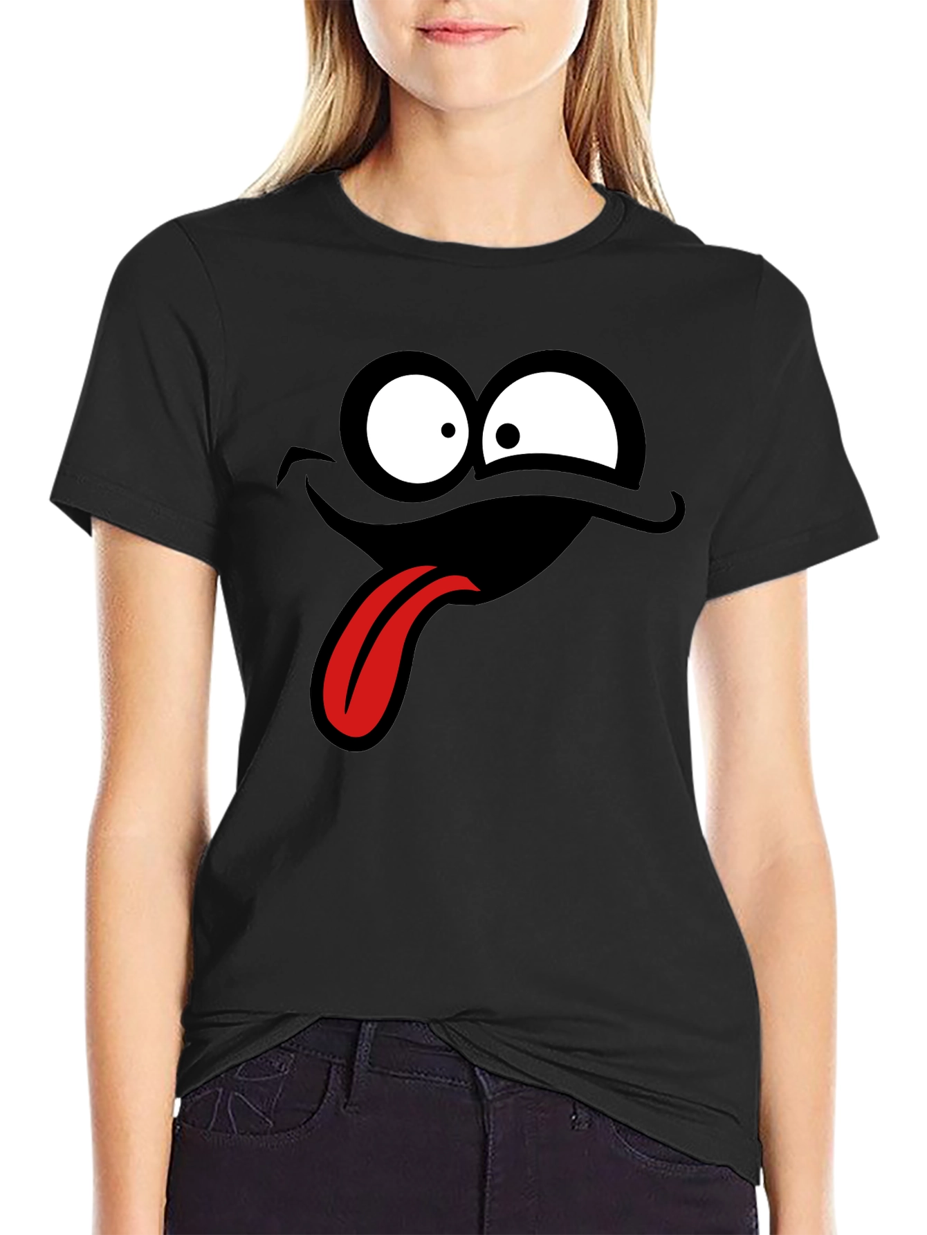 Black Funny Cartoon Face Black T-Shirt view 2