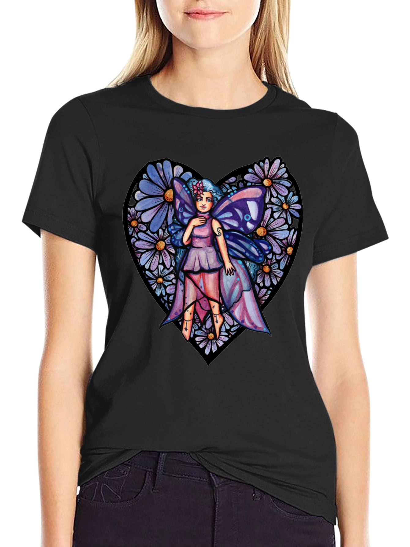 Black Fairy Heart T-Shirt, Floral Graphic Tee, Unique Design view 2