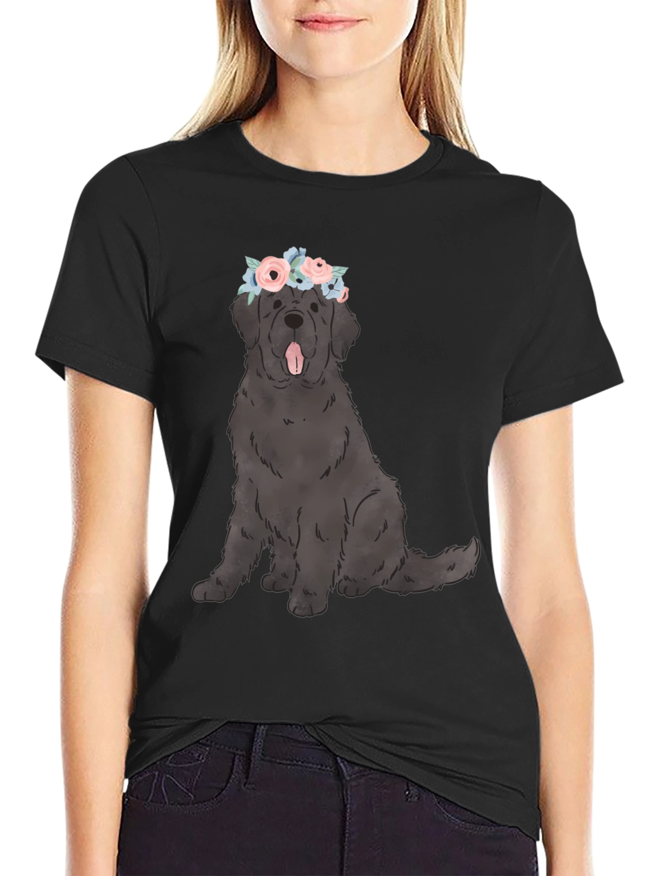 Black Dog with Flower Crown Graphic T-Shirt view 2
