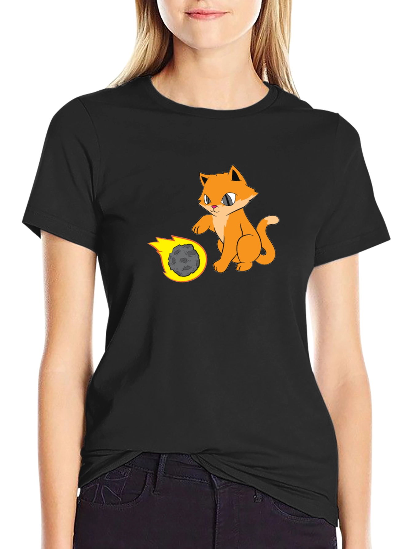 Black Cool Cat Playing with Meteor T-Shirt view 2