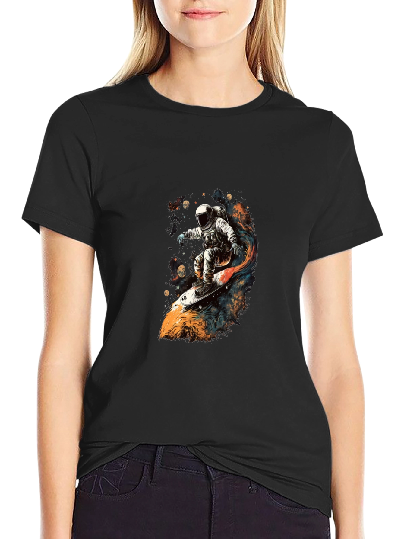 Black Astronaut Space Surfer Graphic T-Shirt view 2