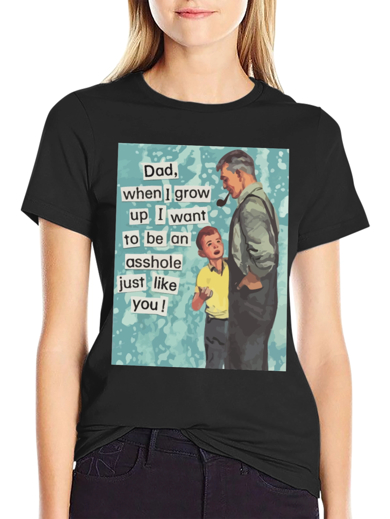 Black Humorous "Dad, Asshole" Graphic Tee - Black Cotton Blend view 2