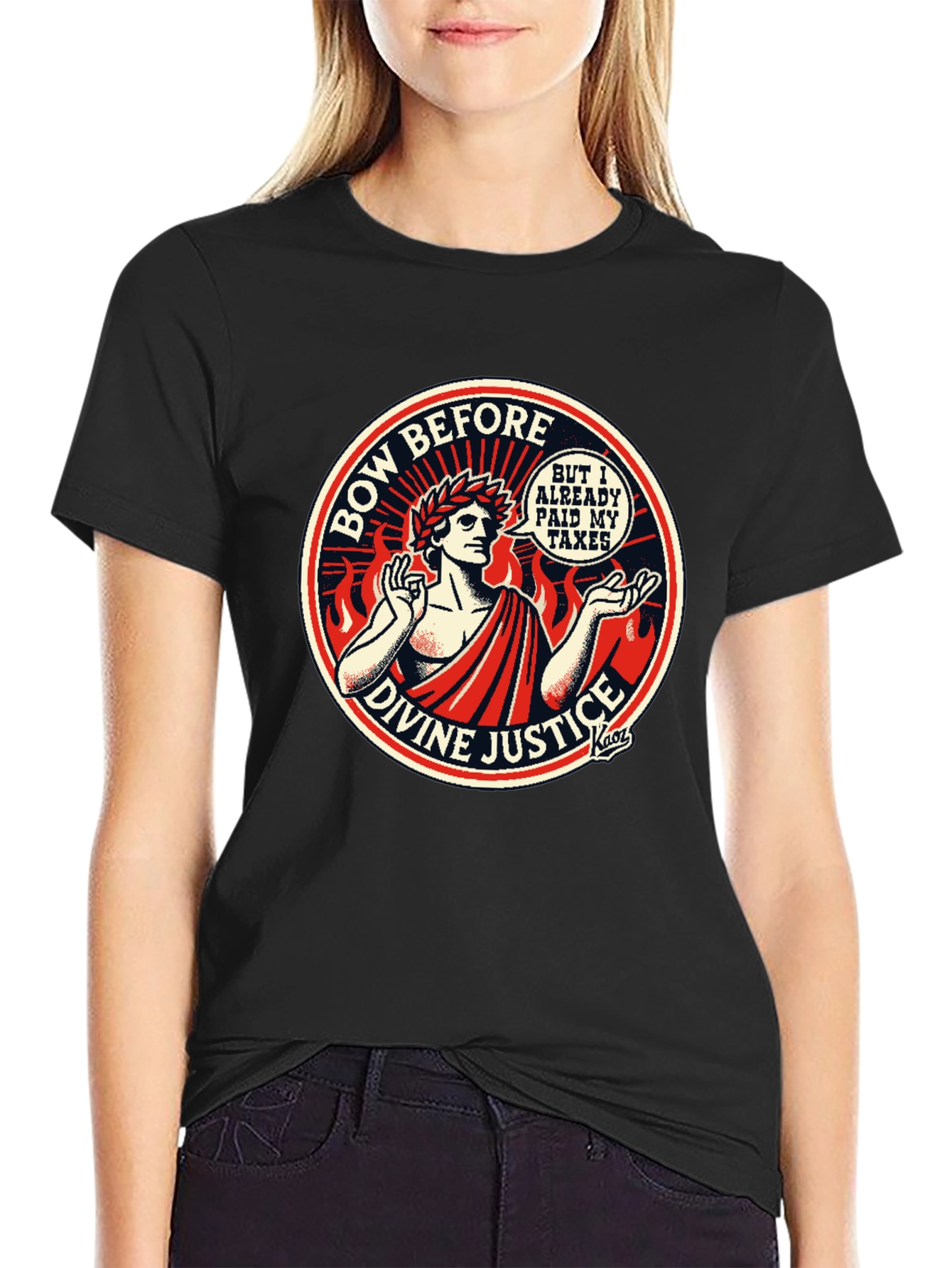 Black Bow Before Divine Justice Funny T-Shirt view 2