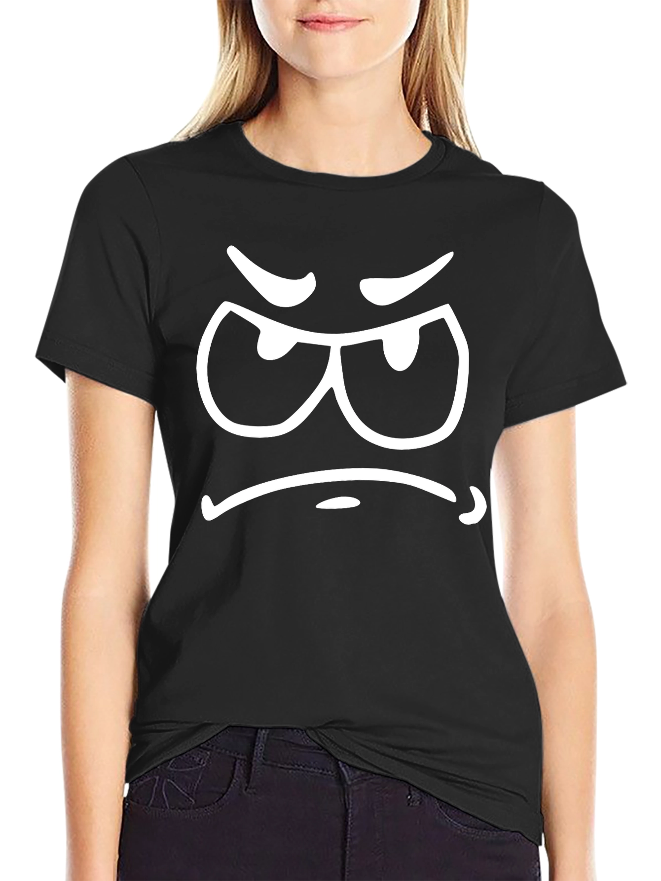 Black Grumpy Face Black Cotton Graphic Tee view 2