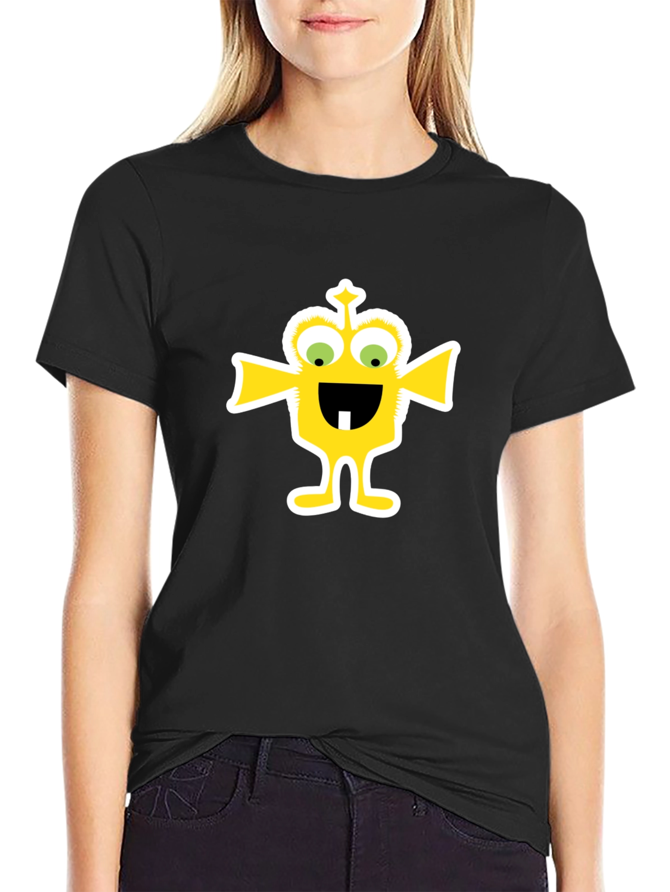 Black Funny Yellow Monster Graphic Tee - Black Cotton T-Shirt view 2