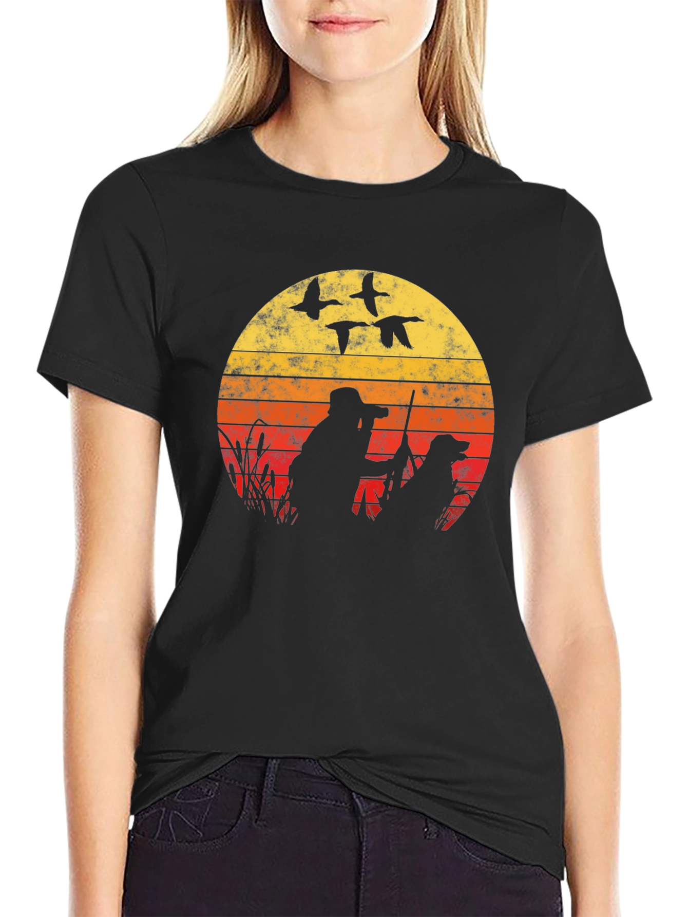 Black Vintage Sunset Duck Hunting T-Shirt view 2