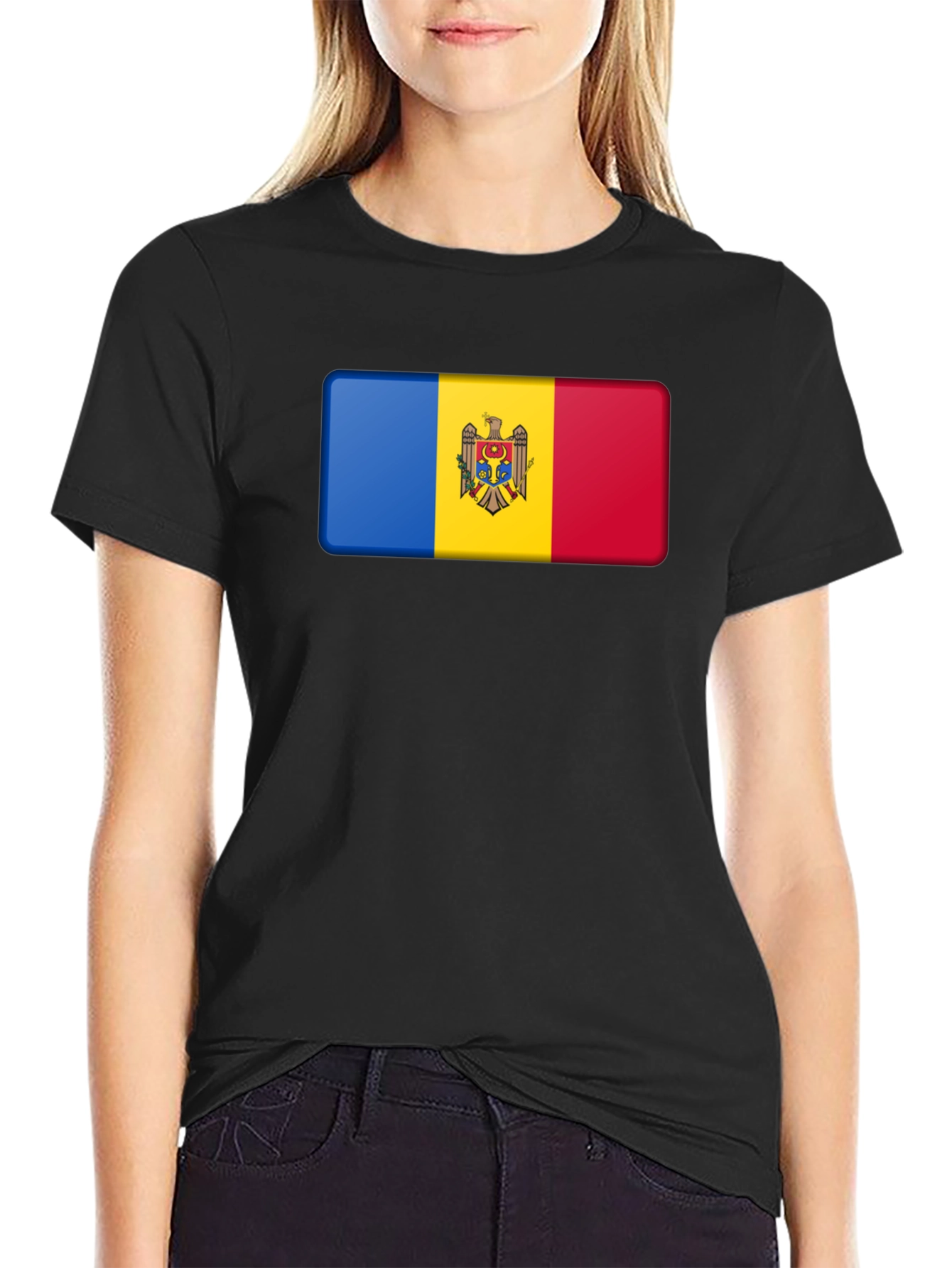 Black Moldova Flag T-Shirt - Black Cotton Tee view 2