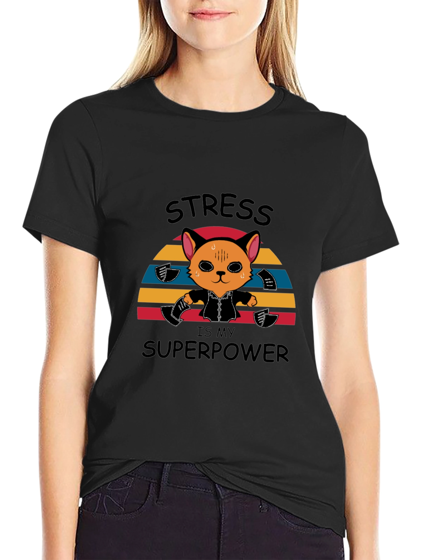 Black Stress is My Superpower Funny Cat T-Shirt view 2
