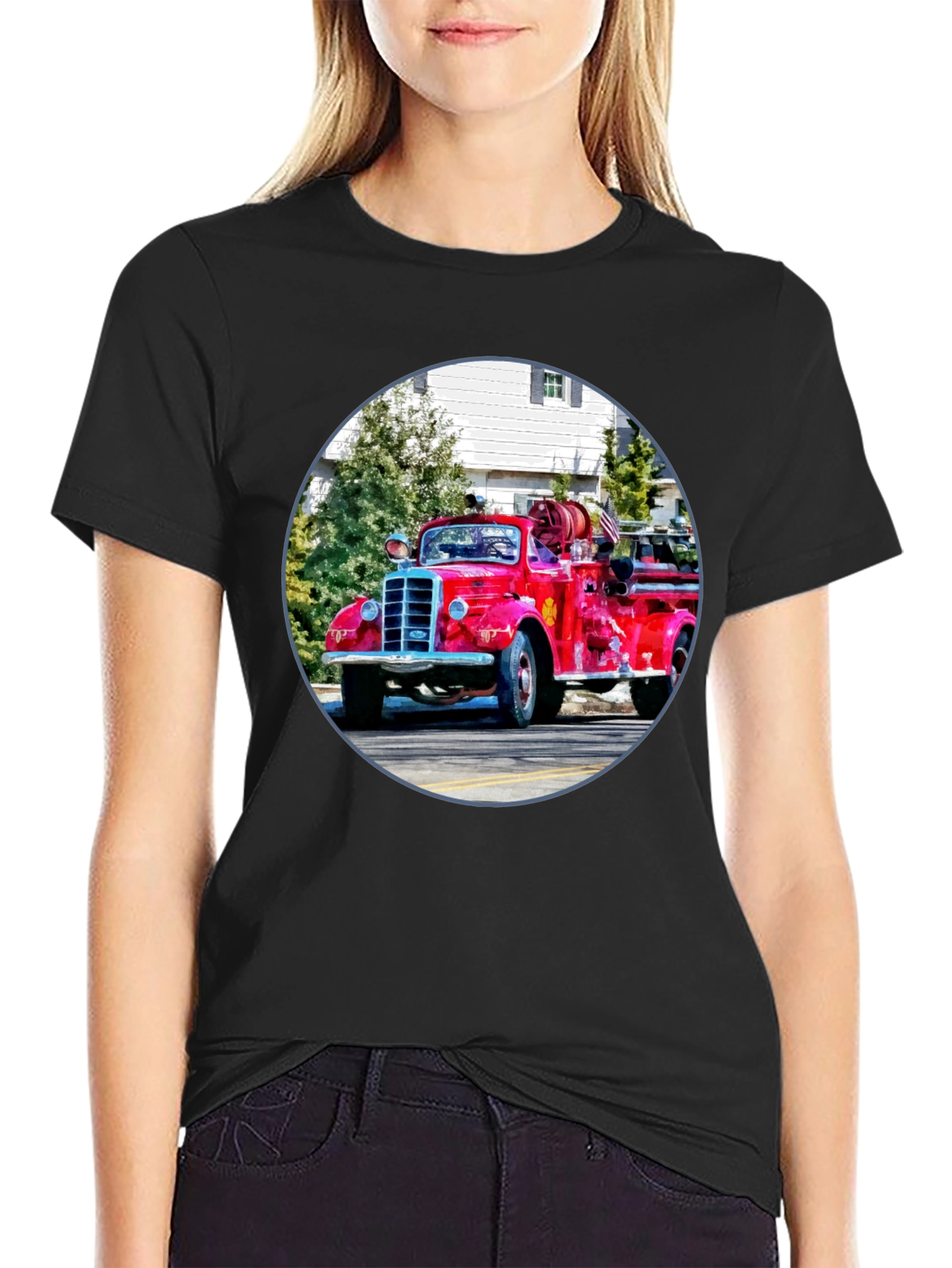 Black Vintage Fire Truck Graphic T-Shirt - Classic Design view 2