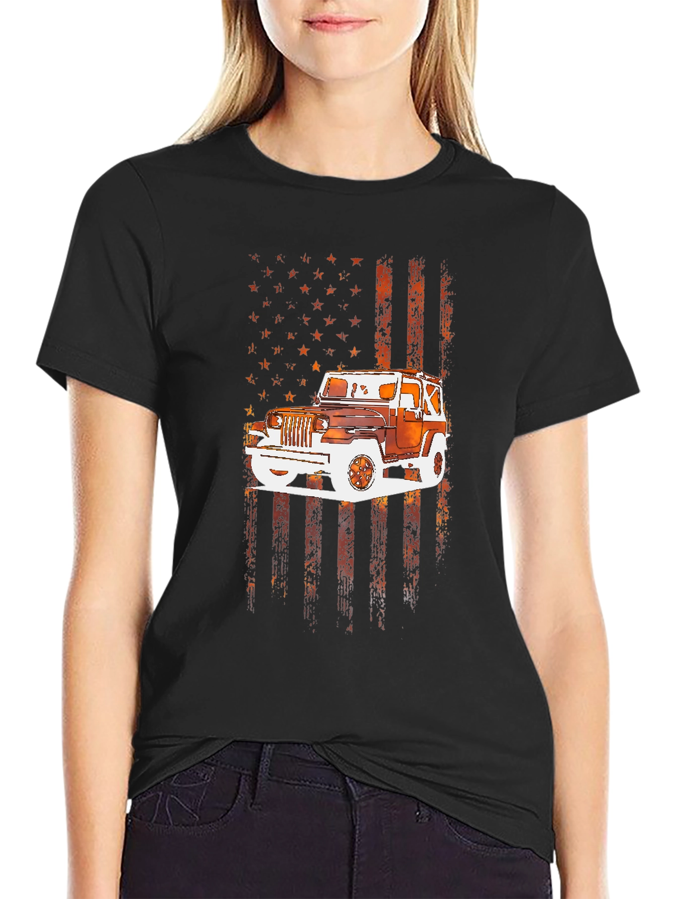 Black American Flag Jeep T-Shirt view 2