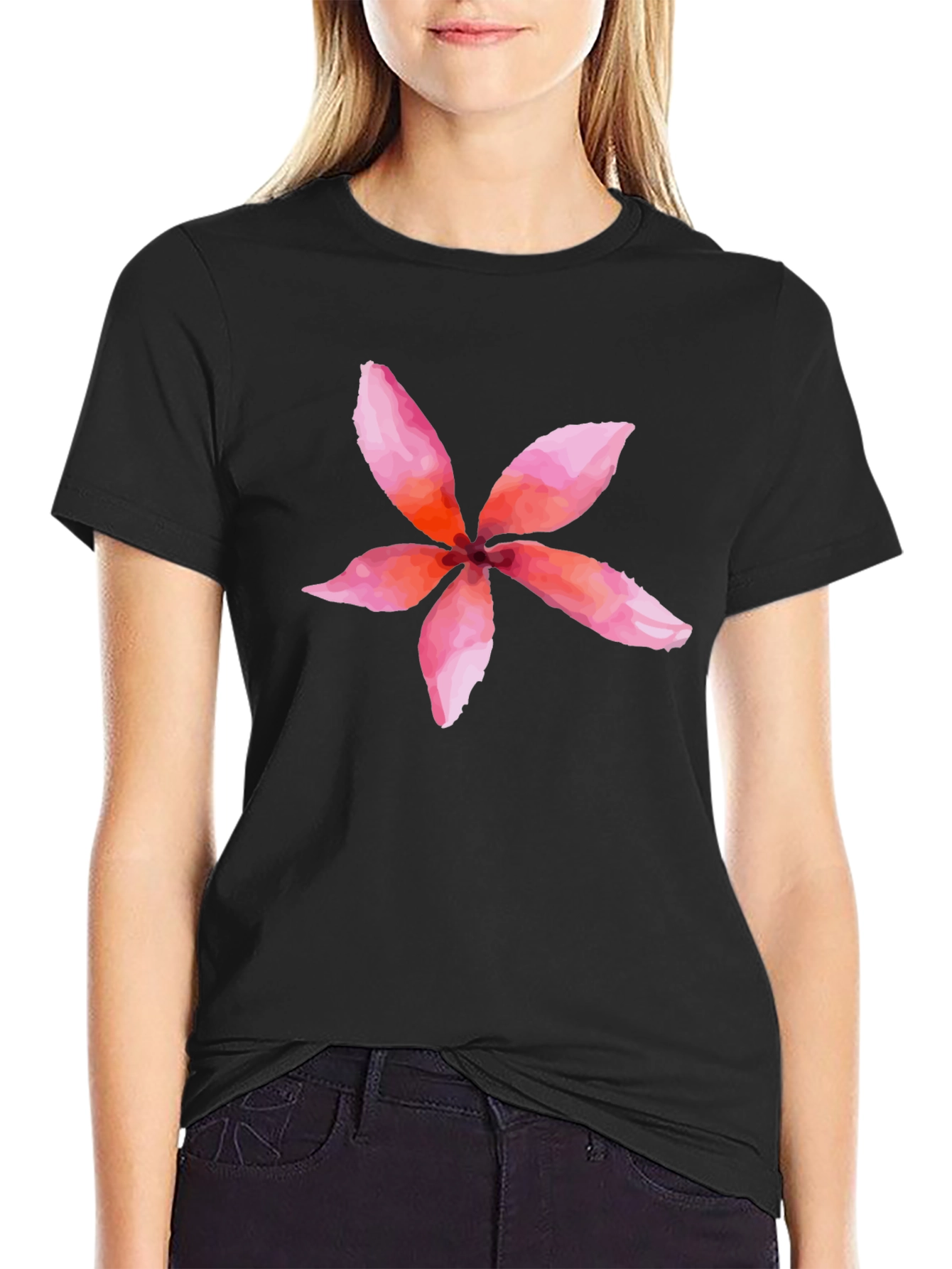 Black Floral Print Tee - Black Cotton Blend T-Shirt view 2