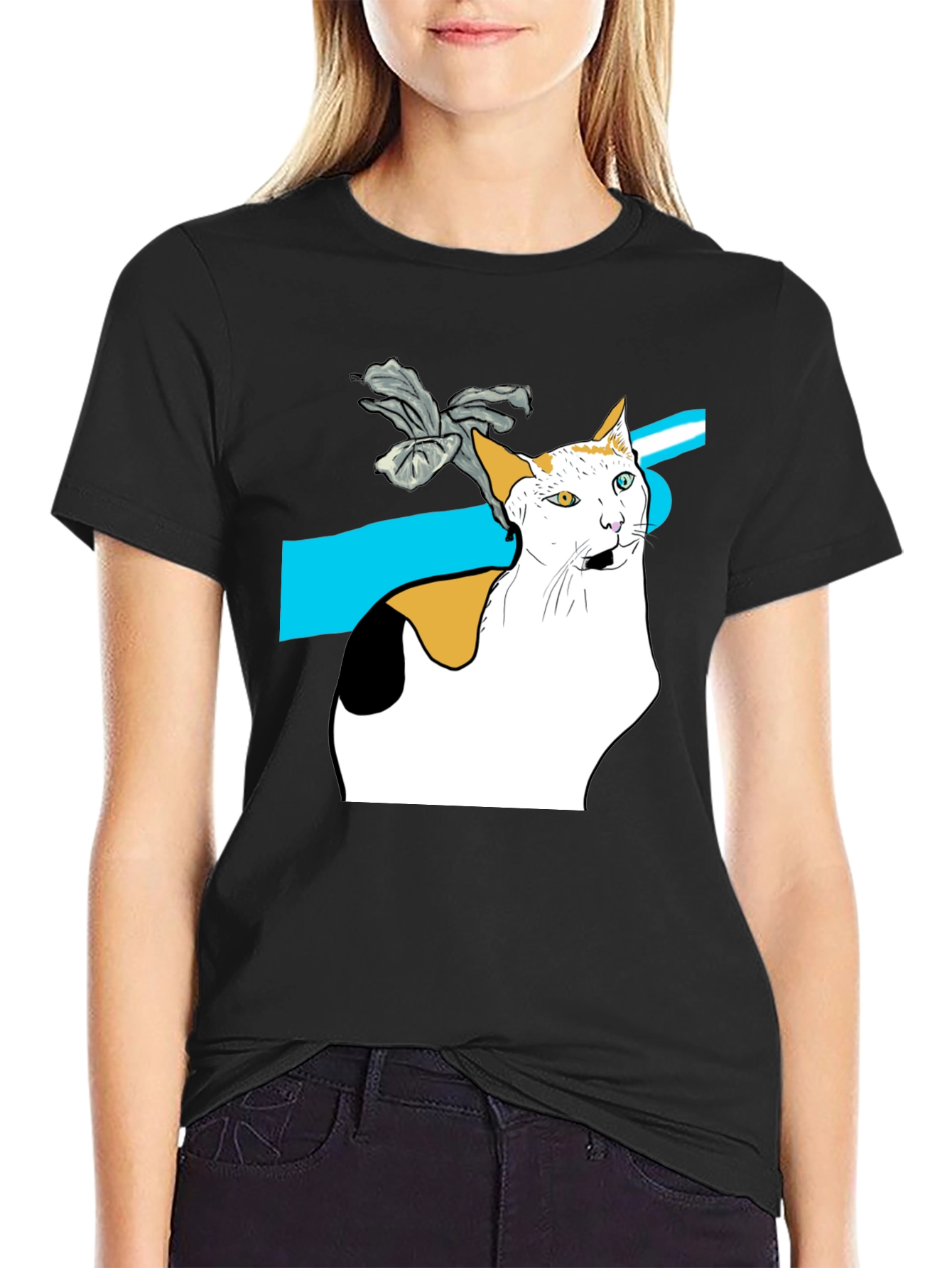 Black Cat Graphic Tee - Unique Heterochromia Cat Design view 2