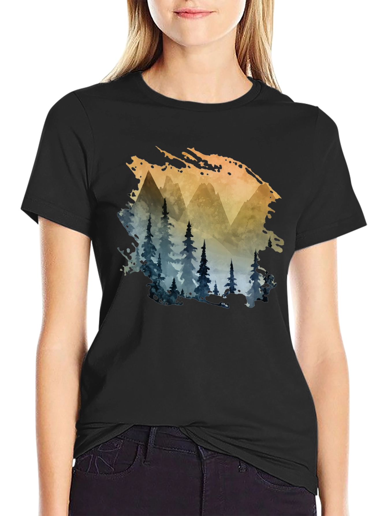 Black Watercolor Mountain & Trees Graphic Tee - Black view 2