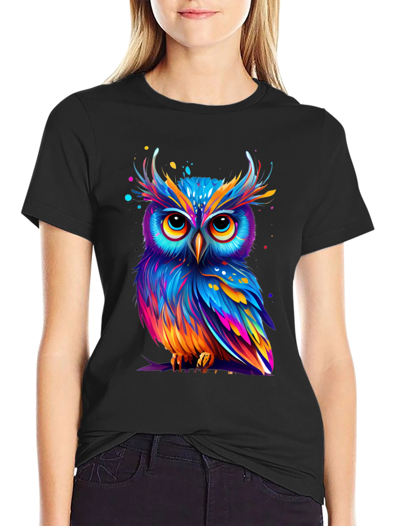 Black Colorful Owl Graphic Tee - Unique Art T-Shirt view 2